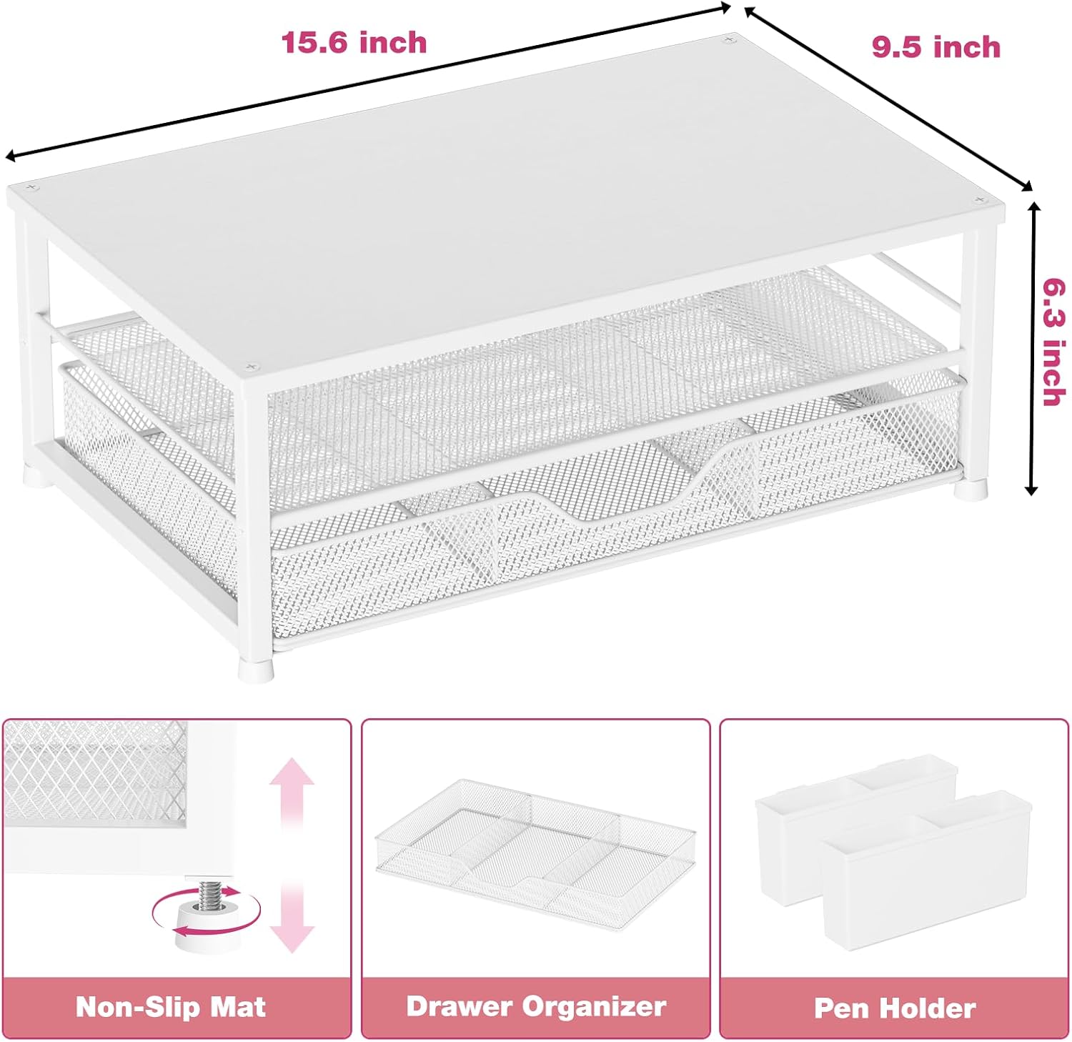 OPNICE Desk Organizers and Accessories, 2-Tier Computer Monitor Stand Riser with Drawer and 2 Pen Holders, Laptop Stand, Office Desk Accessories for Office Supplies, White Wood