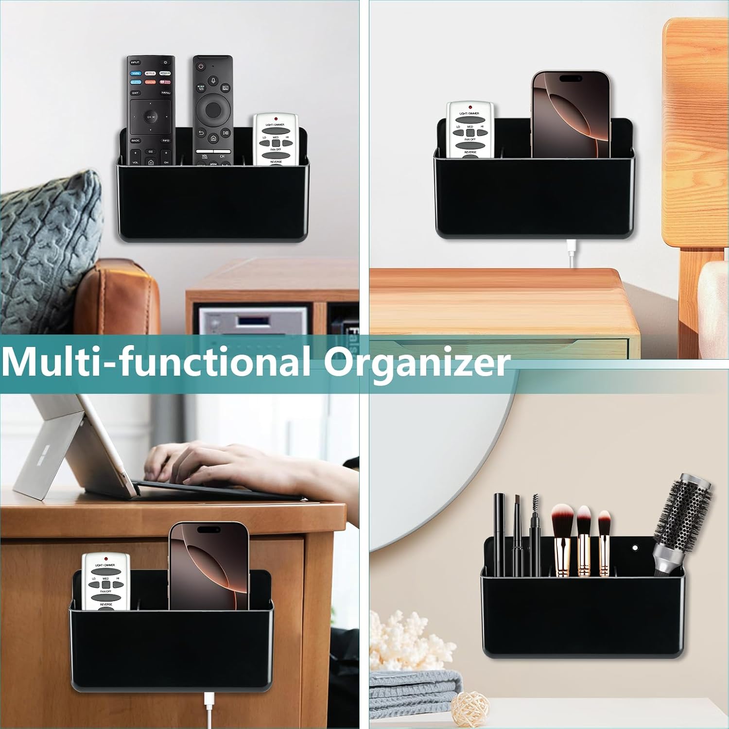 3 Slot Remote Control Holder, TV Remote and Wall Pen Storage Accessories for Home Office School (Black 1Pack)