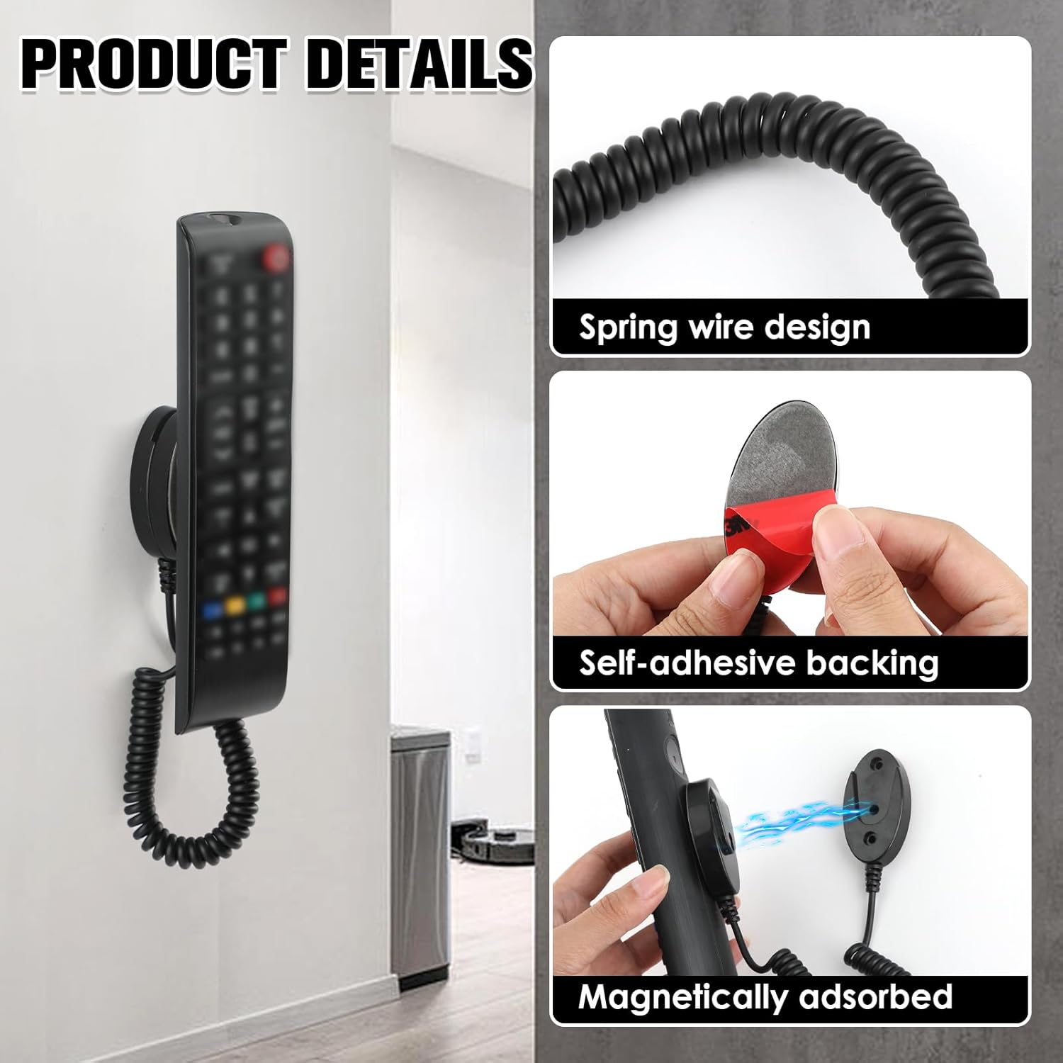 Magnetic Remote Leash Control Holder with Security Cable, Retractable Tidy Anti-lost Rope Organizer Easy Installation Stable Suitable for Projector TV Fan and Air Conditioner Remotes (4Pcs Black, S)
