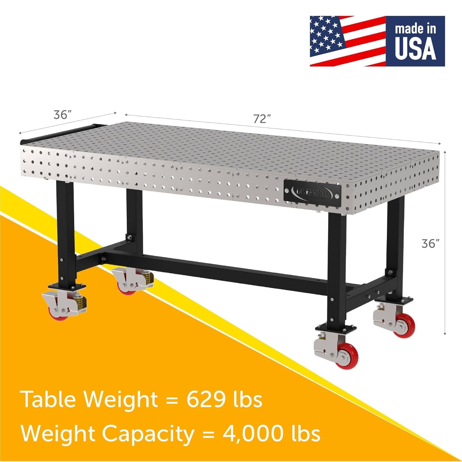 (CTE) Classroom Welding & Fixture Table, 36" H x 72" L x 36" D, 1/4" Carbon Steel Top, Mobile, Casters, Handle, Black Powdercoat Legs, Made in The USA