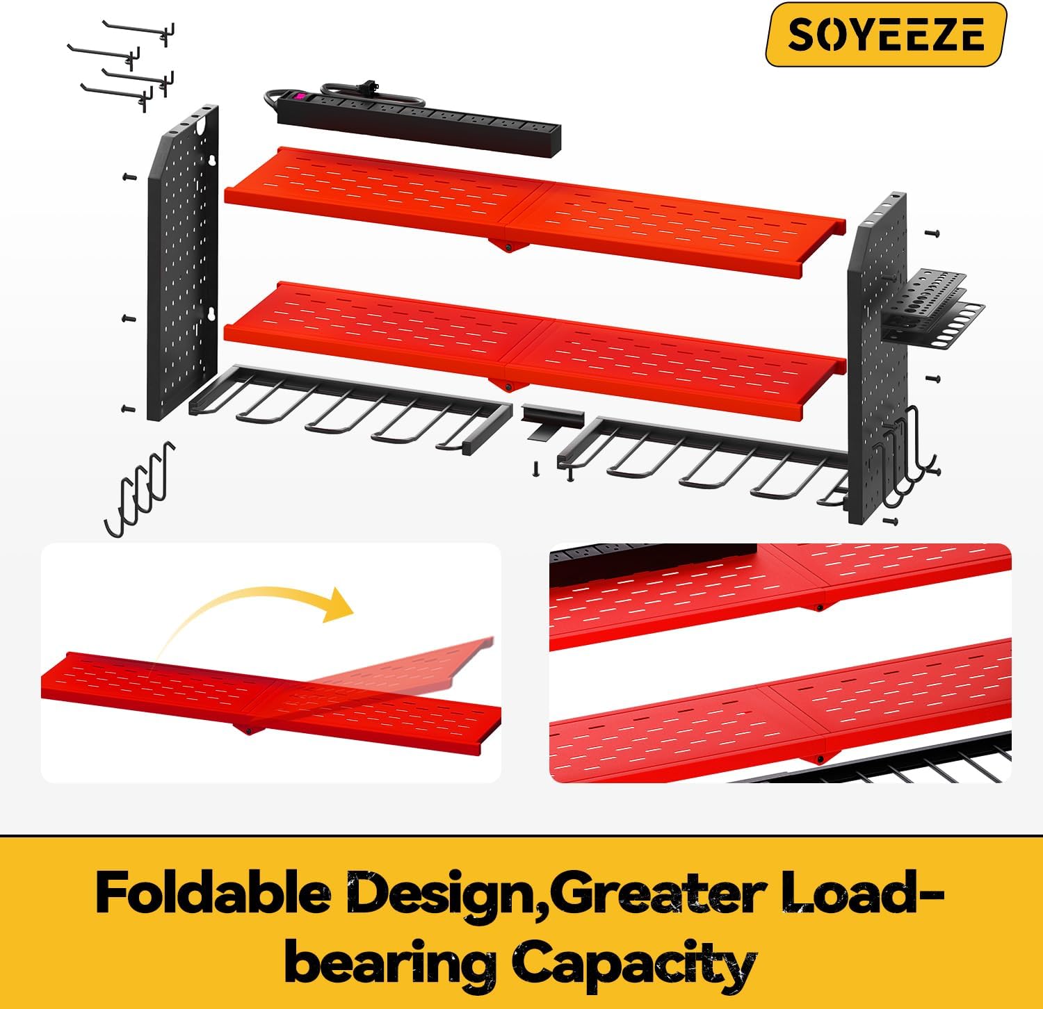 SOYEEZE Large Power Tool Organizer Wall Mount with Charging Station, 3 Layer Heavy Duty Metal Tool Storage Rack with 8 Drill Holder, Tool Holder Built in 8 Outlet Power Strip-Red