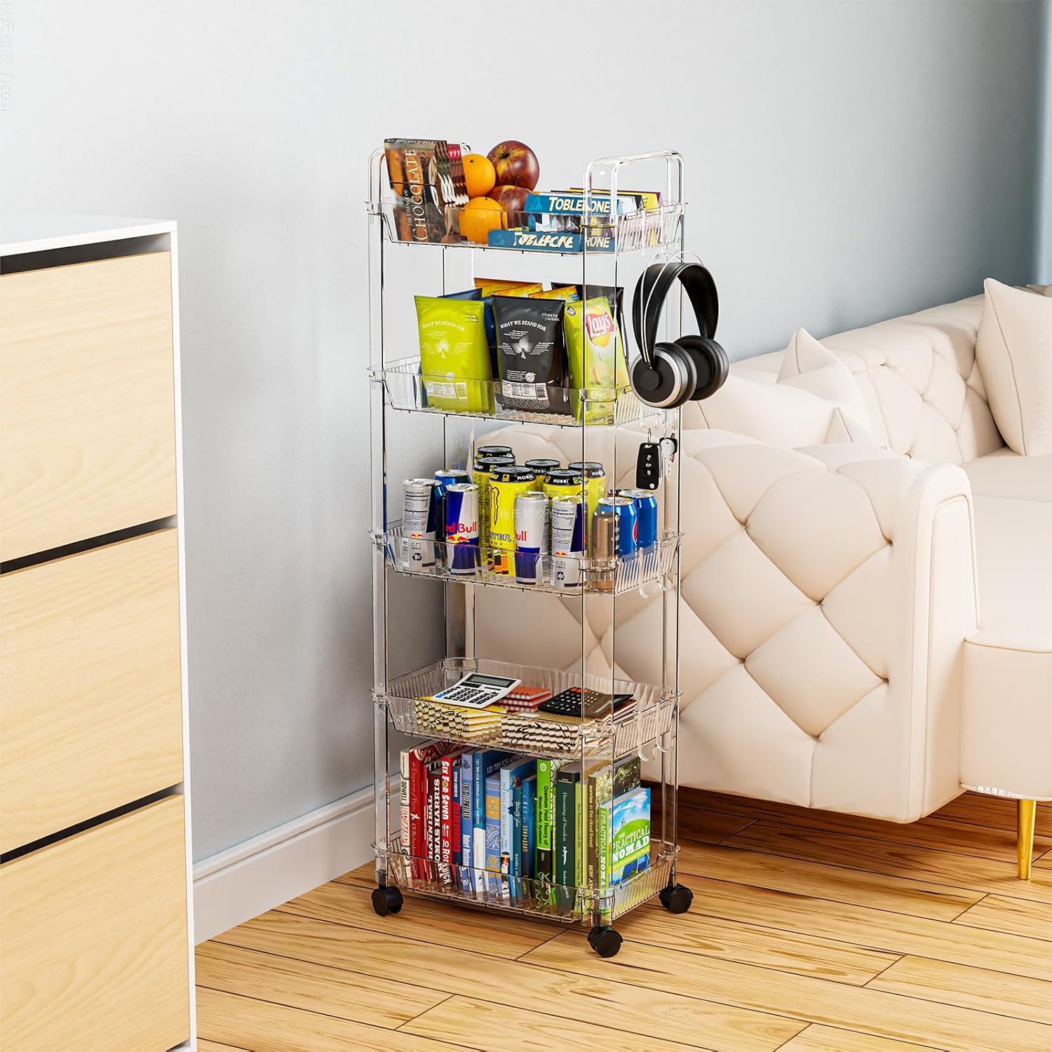 Clear 3 Tier Rolling Utility Cart with Wheels,Modern Bedside Cart for Baby Essentials,Nursery,Diaper Caddy,Baby Supplies,Rolling Storage Carts for Living Room,Bathroom,Kitchen,Book Cart