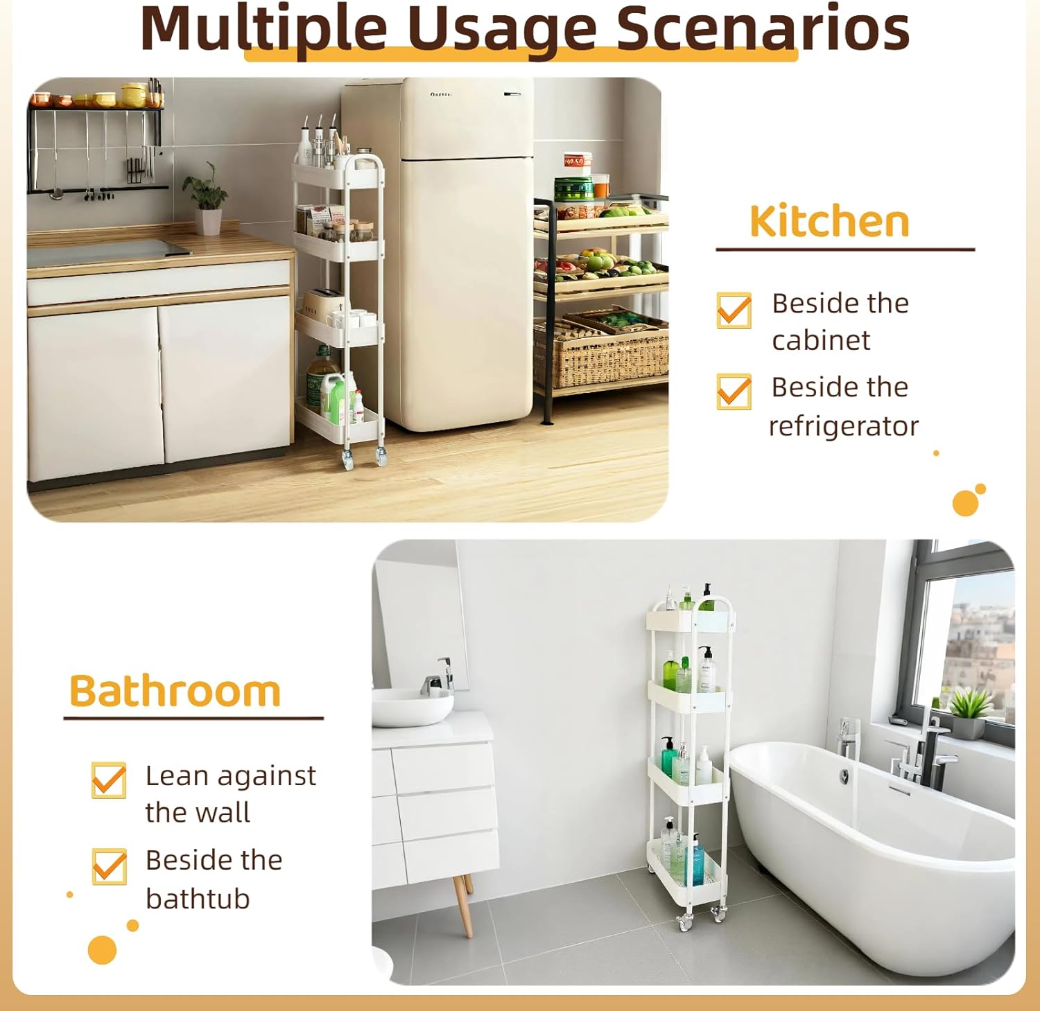 4 Tier Slim Kitchen Storage Cart for Narrow Space, 7.1'' Wide Metal Rolling cart with Wheels and Lockable Casters, Sturdy Mobile Thin Shelf for Laundry Room Between Washer and Dryer, White