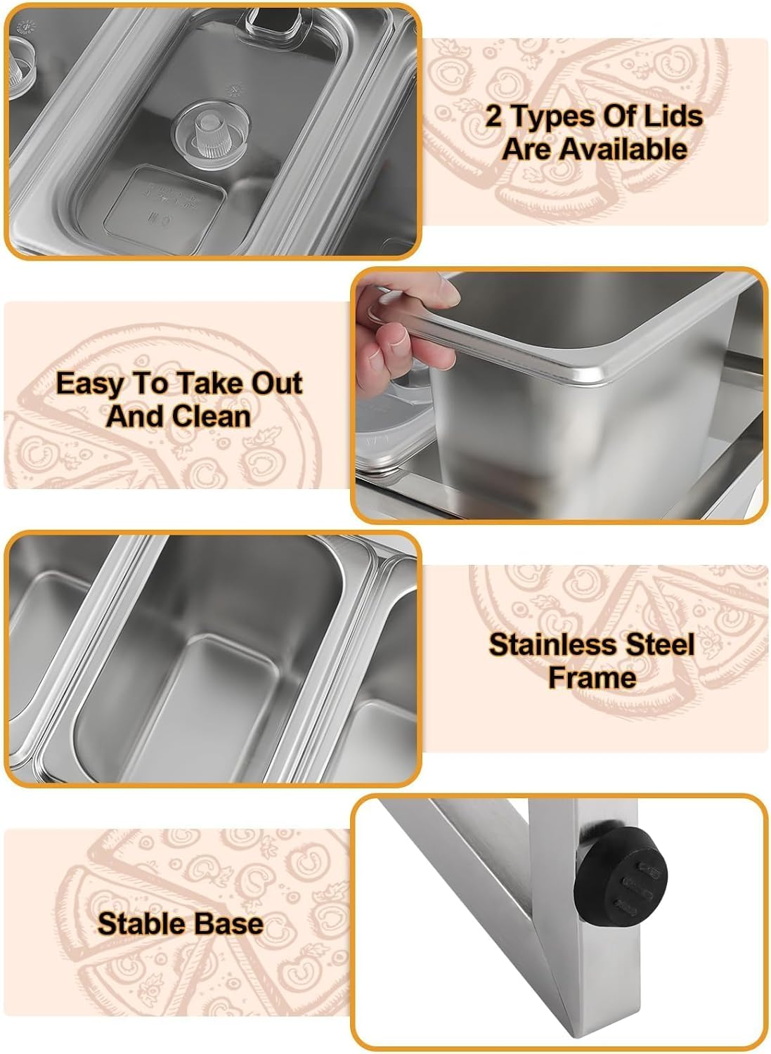 Kalolary 10 Pans Pizza Topping Storage Station, 2 Row Adjustable Stainless Steel Condiment Containers with Lids Spoons Ice Food Serving Display Container Salad Bar Buffet Station for Home Kitchen