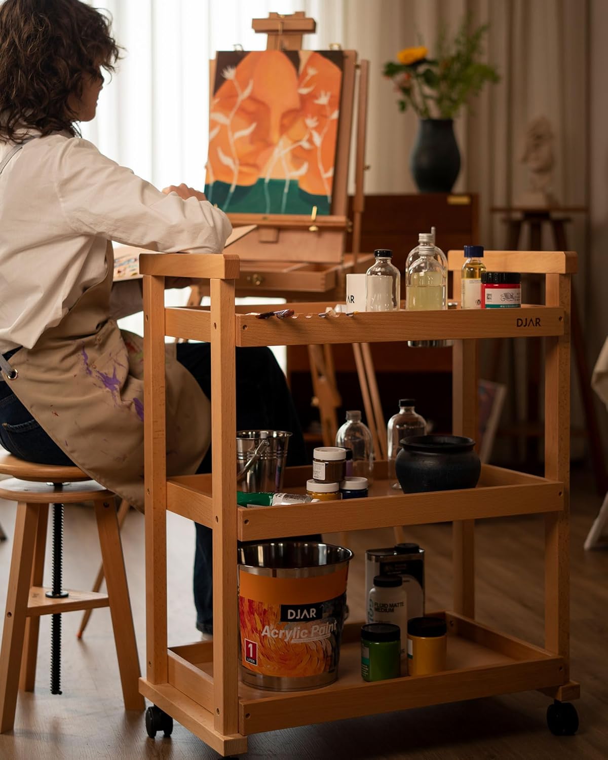 DJAR Rolling Art Supplies Cart, Solid Beech Wood Art Supply Organizert with Caster Wheels, Utility Cart for Adults, Artists, (Natural, Basic)