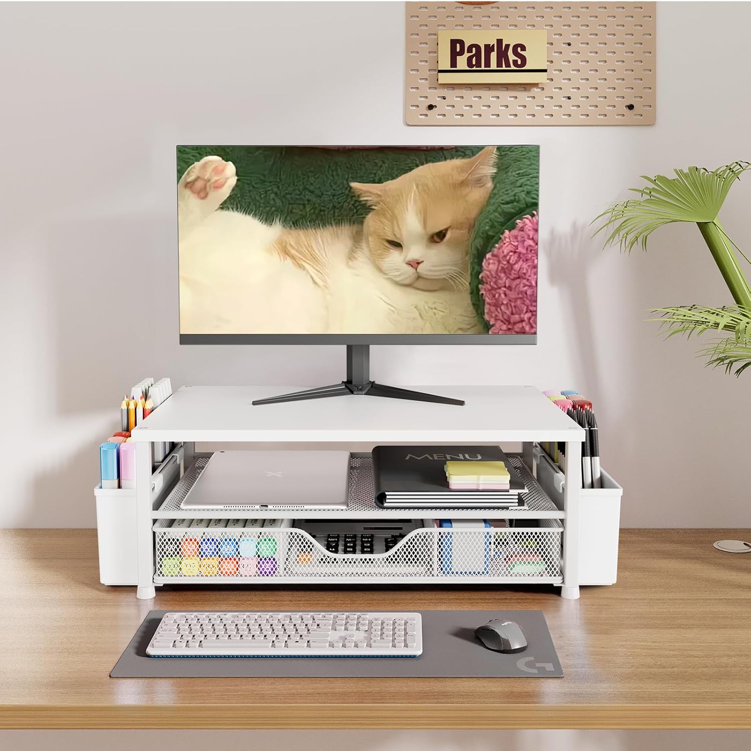 OPNICE Desk Organizers and Accessories, 2-Tier Computer Monitor Stand Riser with Drawer and 2 Pen Holders, Laptop Stand, Office Desk Accessories for Office Supplies, White Wood