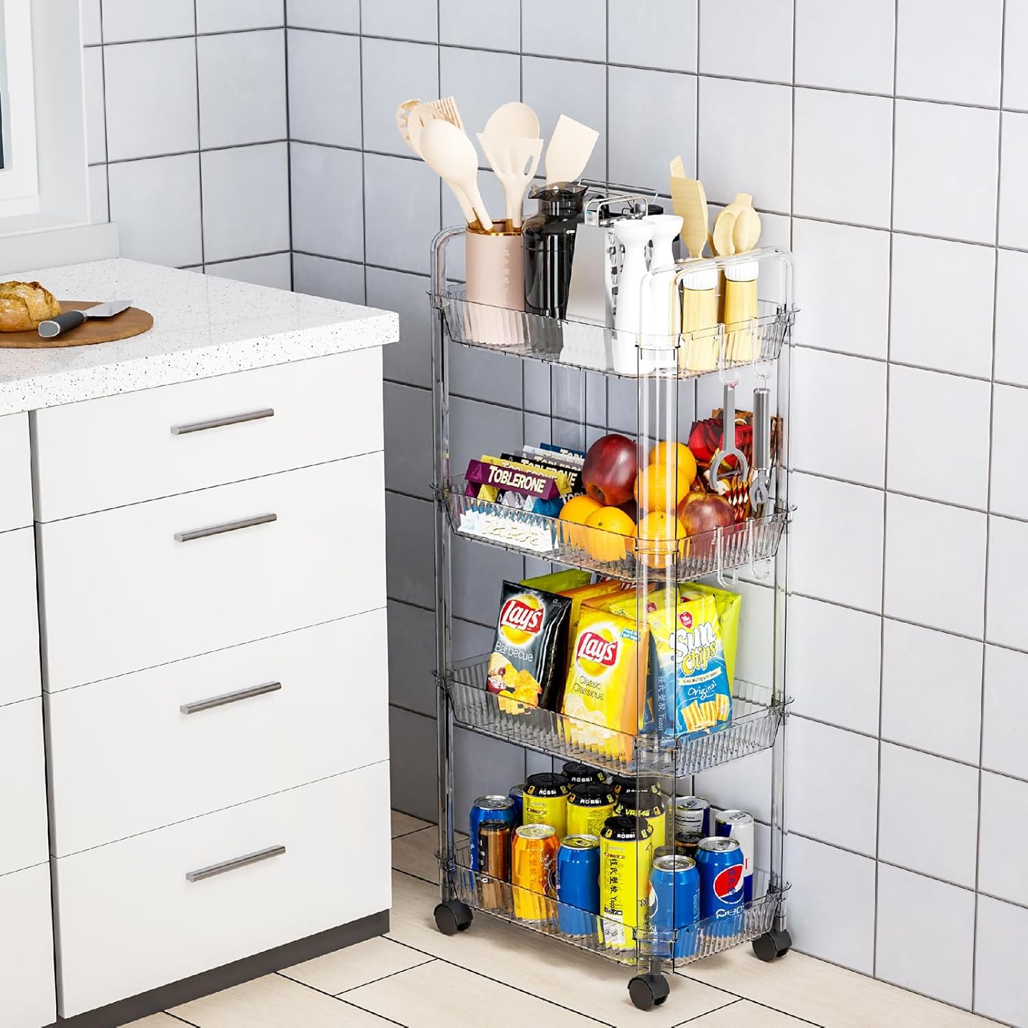 Yieach Clear 4 Tier Rolling Utility Cart with Wheels,Modern Bedside Cart for Baby Essentials,Nursery,Diaper Caddy,Baby Supplies,Rolling Storage Cart for Living Room,Bathroom,Kitchen,Book