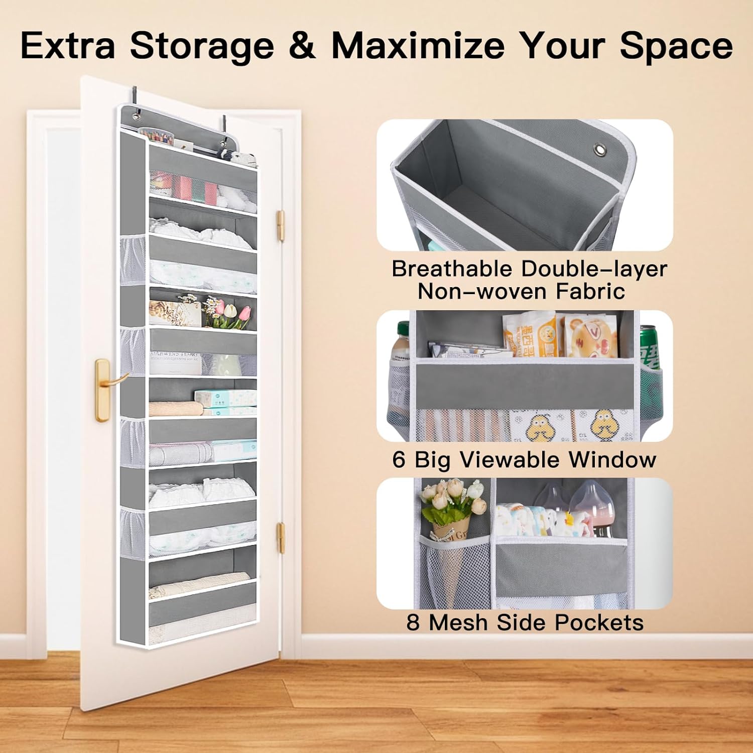 WishJazz 6-Shelf Over The Door Organizer, 50lbs Load Heavy Duty Back of Door Hanging Organizer Storage, Behind Closet Door Organizer, Baby Organizers Storage for Nursery, Pantry, Bedroom, Home Storage