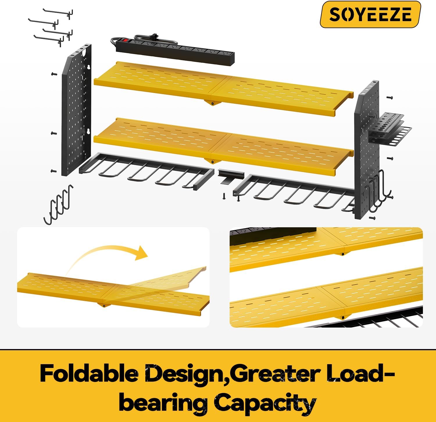 SOYEEZE Large Power Tool Organizer Wall Mount with Charging Station, 3 Layer Heavy Duty Metal Tool Storage Rack with 8 Drill Holder, Tool Holder Built in 8 Outlet Power Strip (Yellow)