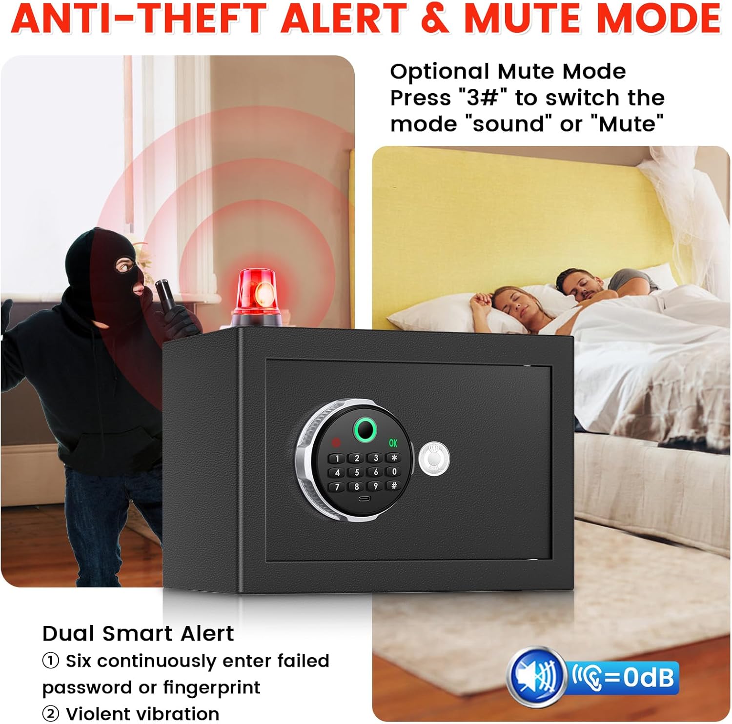 0.5 Cuft Biometric Safe Box with Fireproof Waterproof Bag, Anti-Theft Dual Alerts, Mute Mode, Digital Security for Business