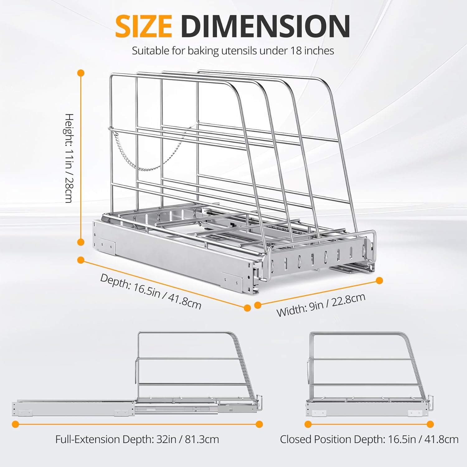Pull Out Cabinet Organizer for Cutting Board, Cookie Sheet, Baking Sheet, Stainless Steel Sliding Rack for Bakeware & Trays, Heavy-Duty Cutting Board Organizer (9” x 16.5” (22.8 x 41.8 cm))