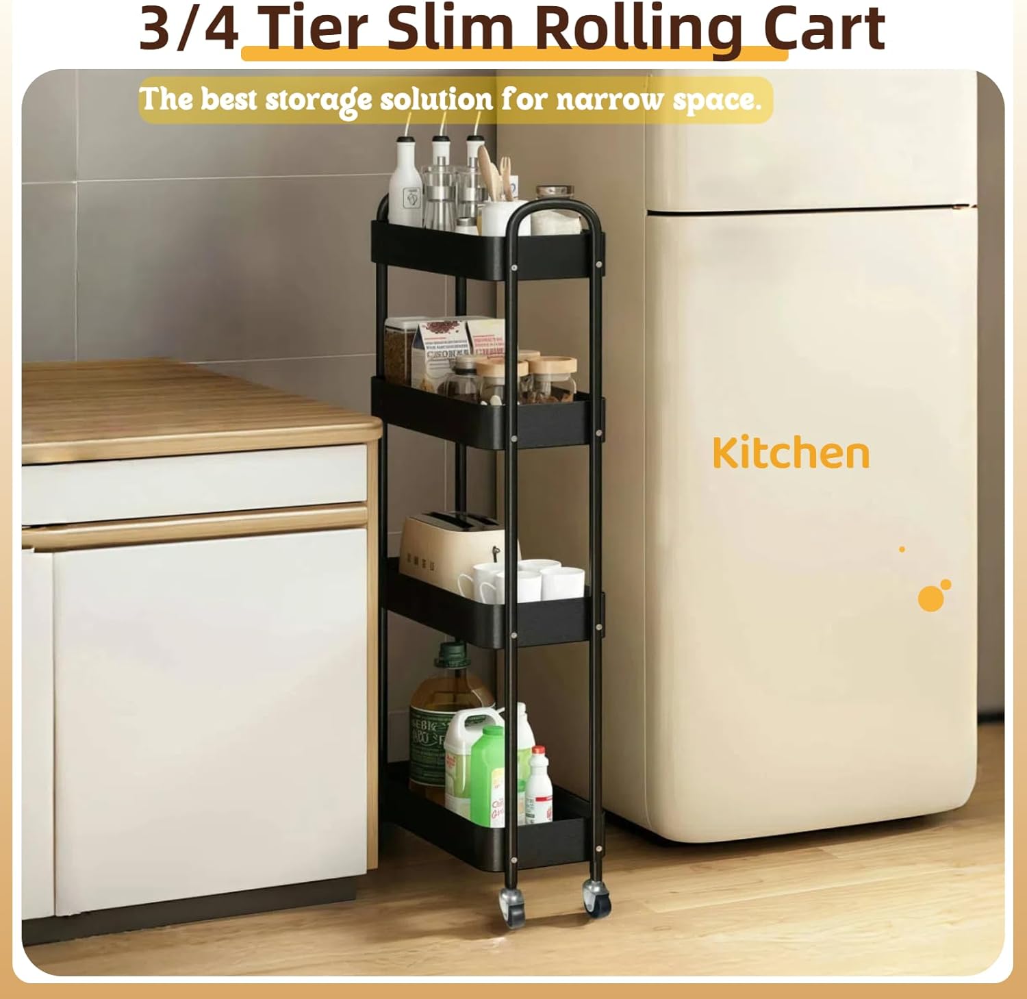4 Tier Slim Storage Cart with Wheels for Laundry Room Between Washer and Dryer, 7.1'' Narrow Rolling Cart with Wheels and Lockable Casters, Metal Thin Standing Shelf for Small Space, Black
