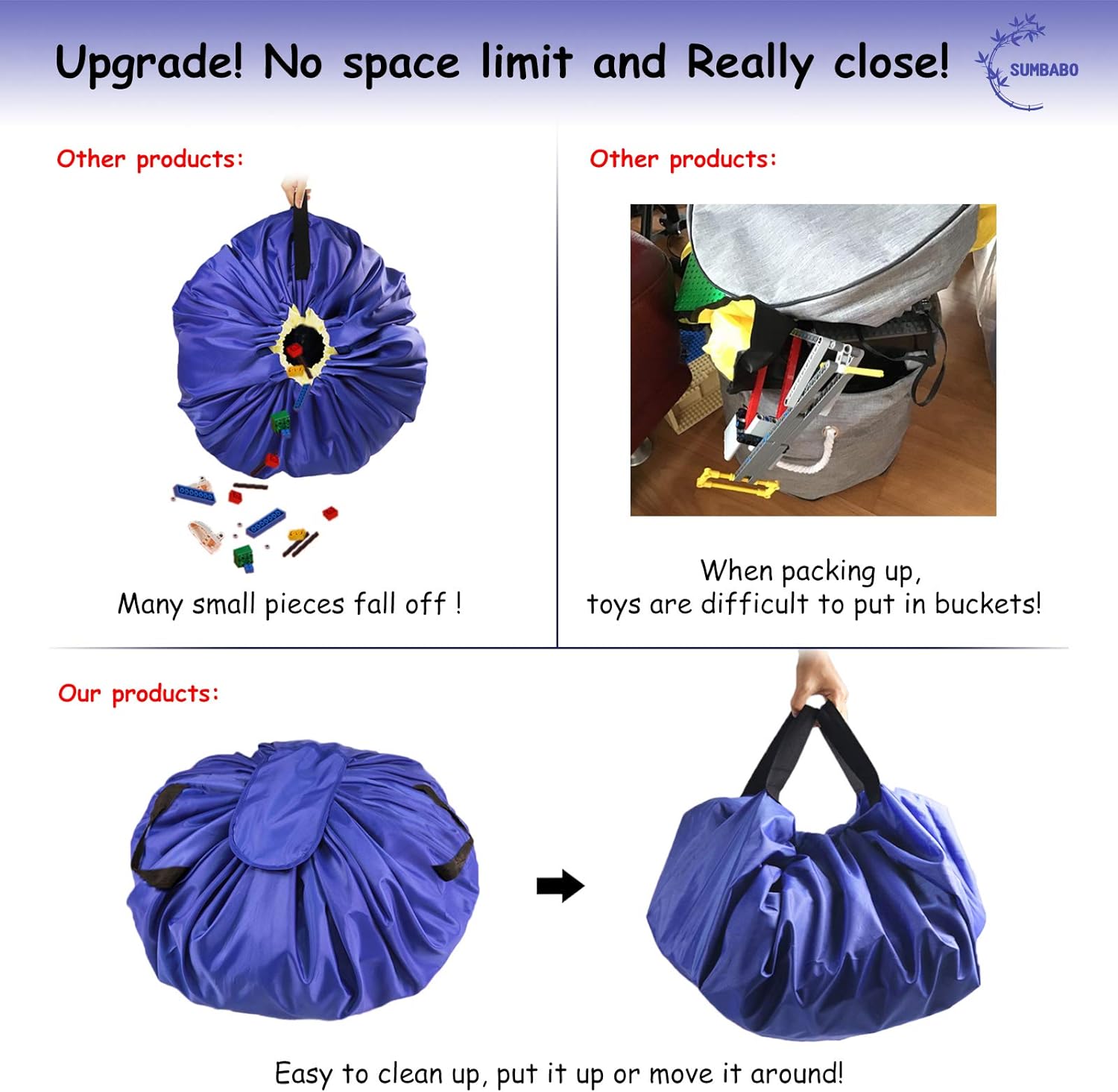 Toy Storage Mat Bag by Drawstring for Lego - Play Mat Bag Toy Storage Container for Kids with Cap can as Gift (2Pcs = Big Blue + Mini Yellow)