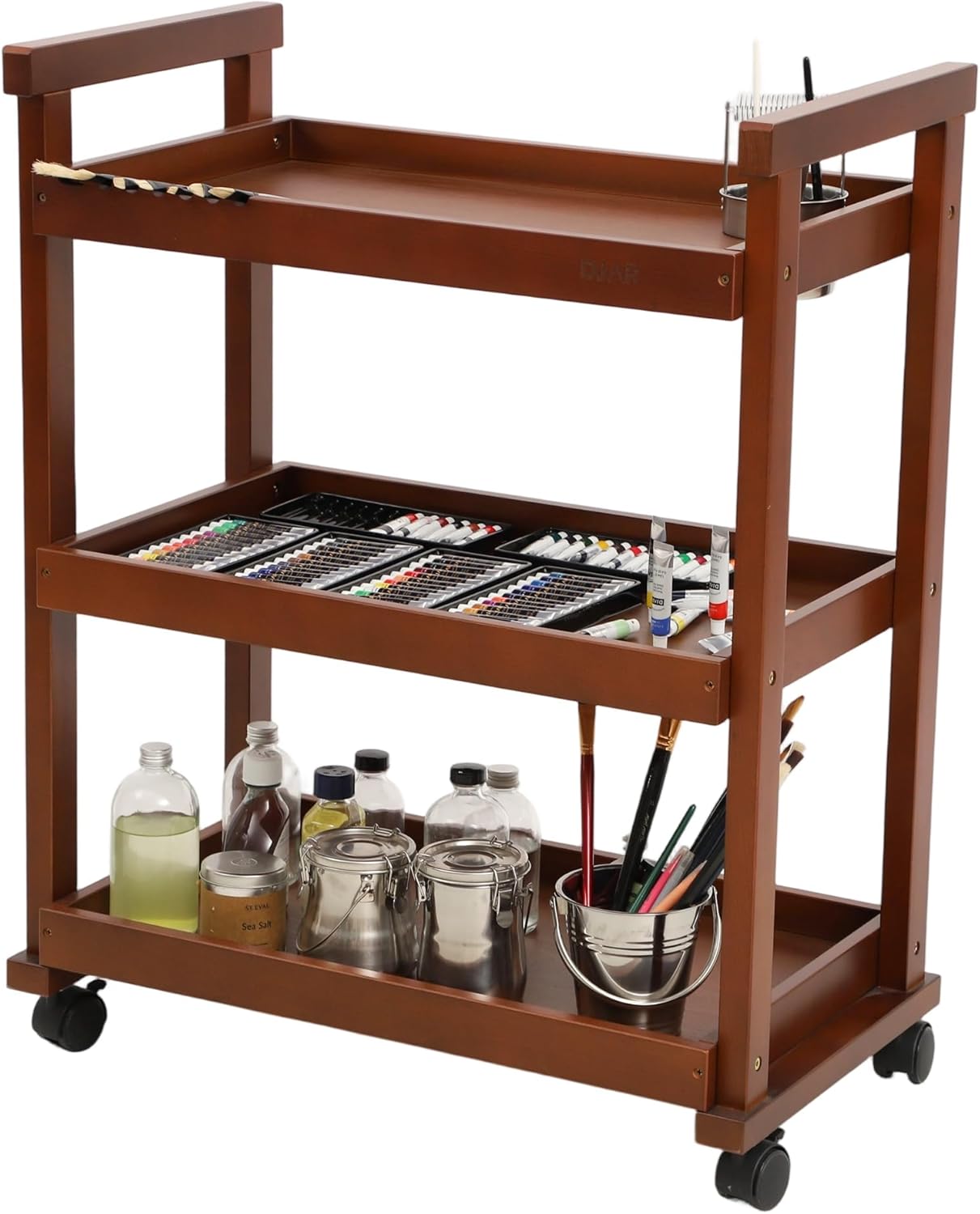 DJAR Rolling Art Supplies Cart, Solid Beech Wood Art Supply Organizert with Caster Wheels, Utility Cart for Adults, Artists, (Walnut, Basic)