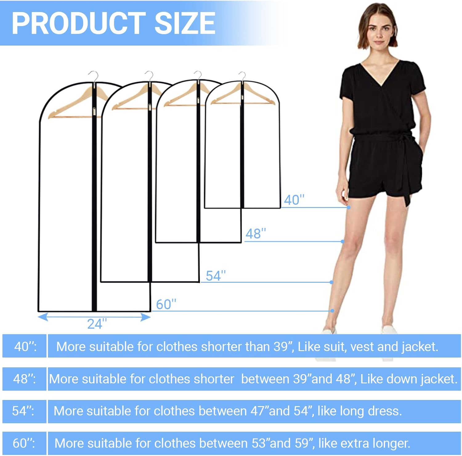 Garment Bags for Hanging Clothes 24'' x 55'' (Set of 12) Coat Covers for Closet Foldable Washable Dress Bags for Hanging Clothes for Long Dress Dance Costumes Suits Gowns Coats