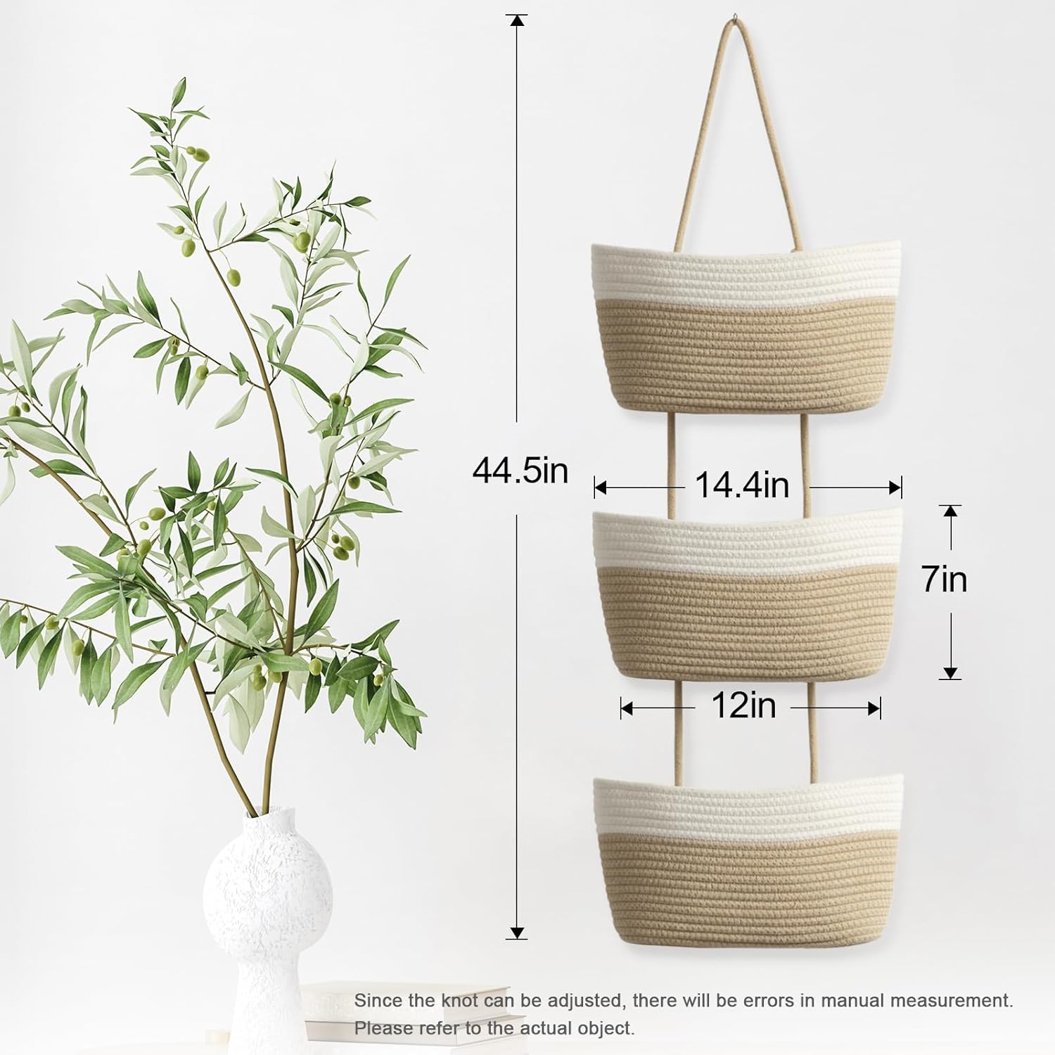 TeoKJ Over the Door Hanging Basket, 3-Tier Woven Cotton Wall-Mounted Storage Organizer Bag Decorative Hanging Kitchen Baskets - White + Jute