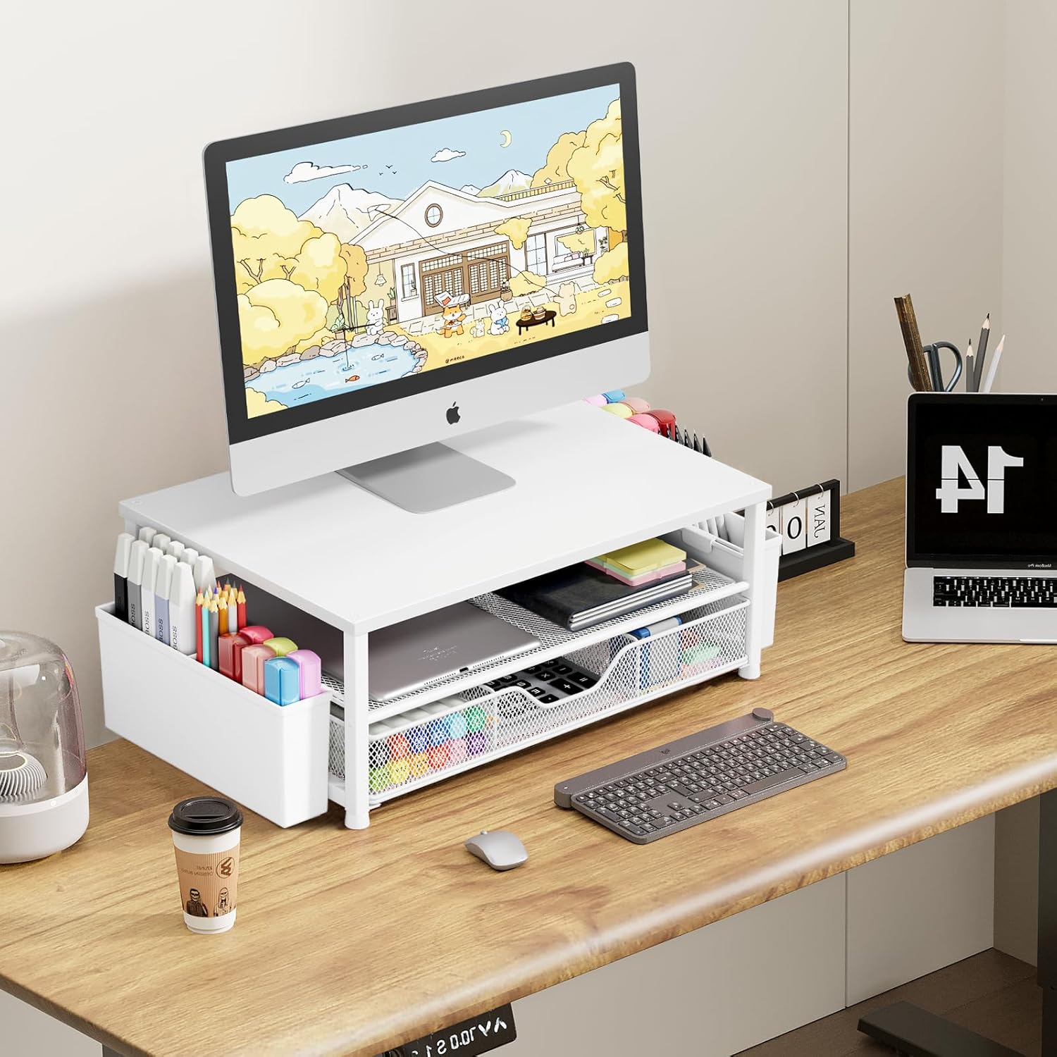 OPNICE Desk Organizers and Accessories, 2-Tier Computer Monitor Stand Riser with Drawer and 2 Pen Holders, Laptop Stand, Office Desk Accessories for Office Supplies, White Wood