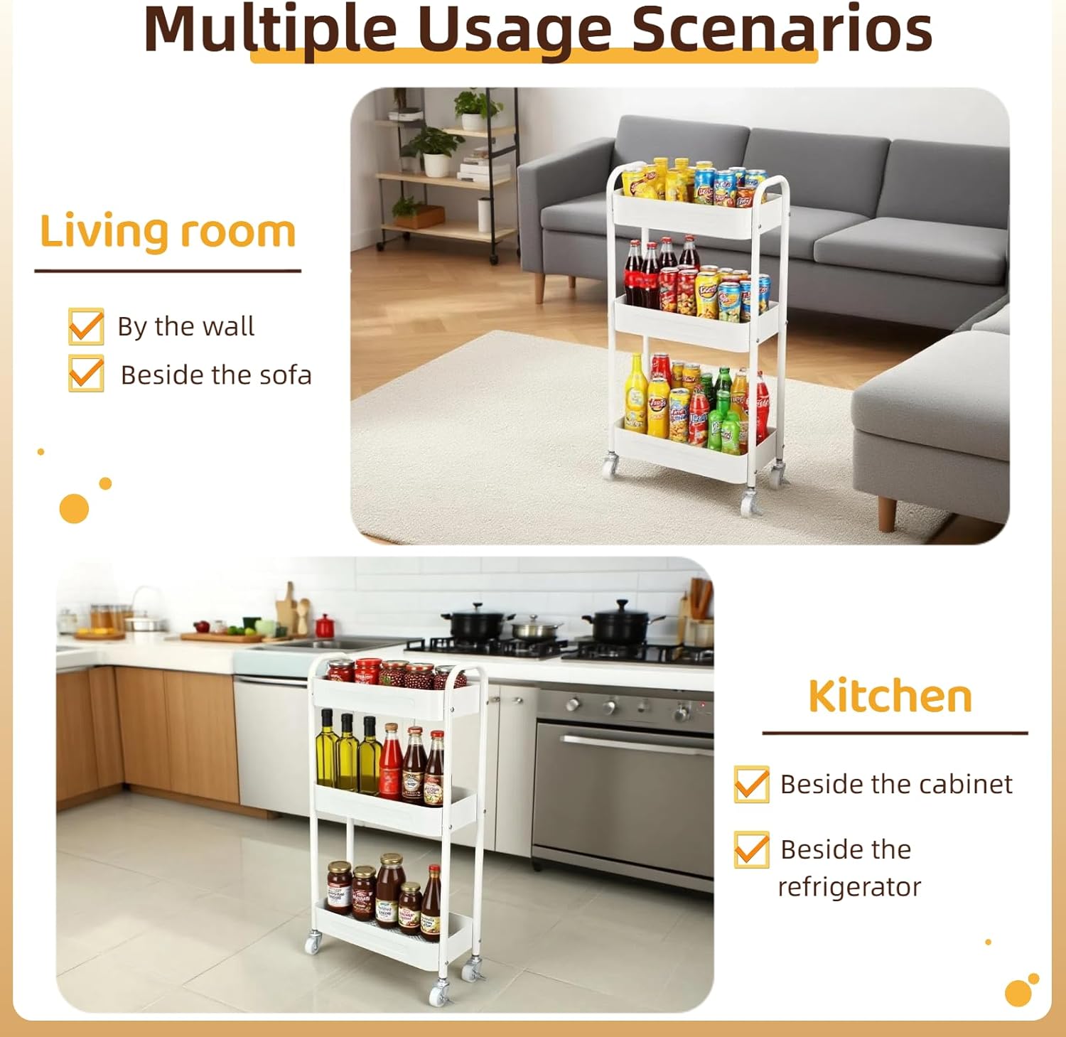 3 Tier Narrow Rolling Storage Cart for Laundry Room Bathroom Kitchen, 7.1'' Slim Utility Cart with Wheels and Lockable Casters Standing Shelf for Small Space & Between Washer and Dryer, White