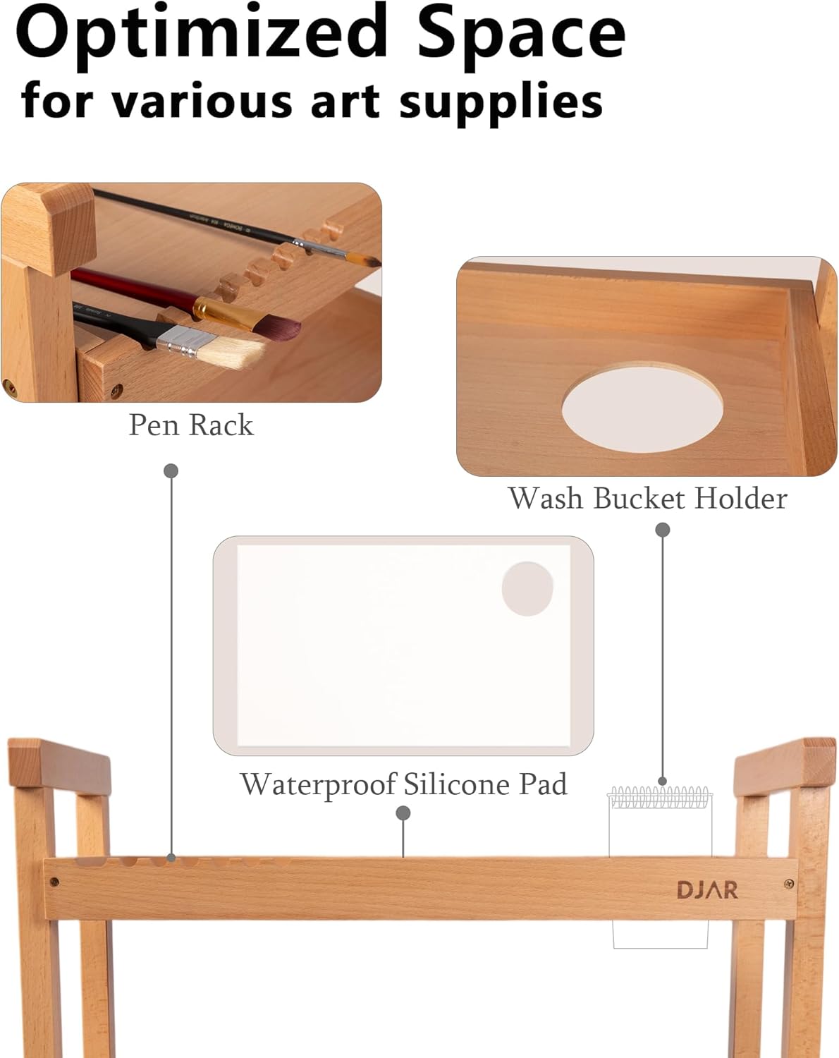 DJAR Rolling Art Supplies Cart, Solid Beech Wood Art Supply Organizert with Caster Wheels, Utility Cart for Adults, Artists, (Natural, Upgrade)