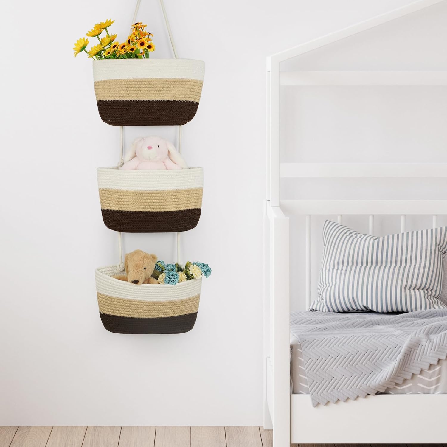 TeoKJ Over the Door Hanging Baskets, 3-Tier Woven Cotton Storage Organizer Bag Decorative Nursery Kitchen Baskets，Gradient Brown