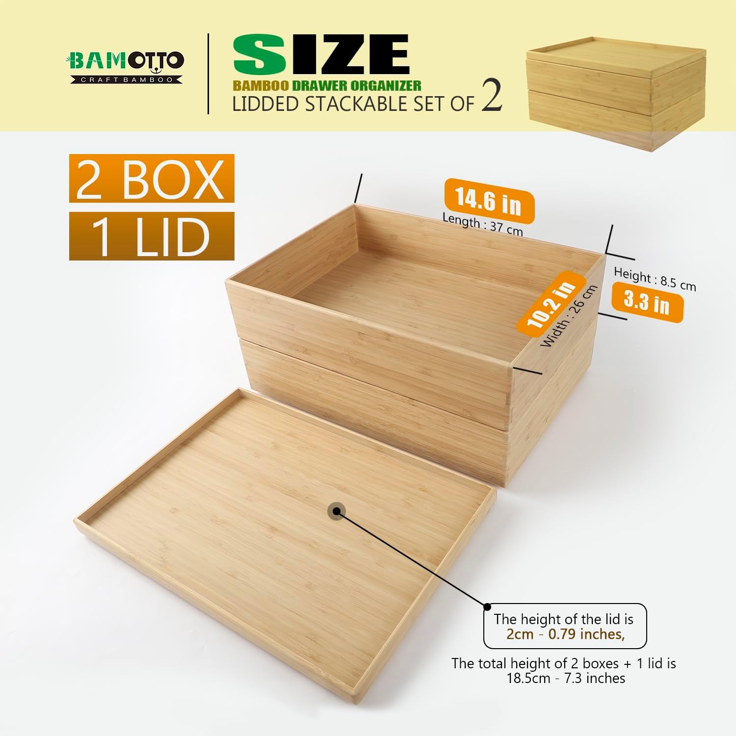Stackable Bamboo Drawer Organizer Set – 2 Boxes with 1 Lid | Wood-Laminated Trays for Kitchen Utensils, Silverware & Flatware – Fits Cabinets, Pantry, Bathroom & Office | 14.6"x10.2" (2-Pack)