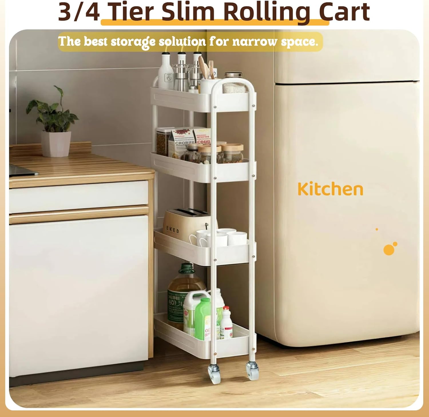 4 Tier Slim Kitchen Storage Cart for Narrow Space, 7.1'' Wide Metal Rolling cart with Wheels and Lockable Casters, Sturdy Mobile Thin Shelf for Laundry Room Between Washer and Dryer, White