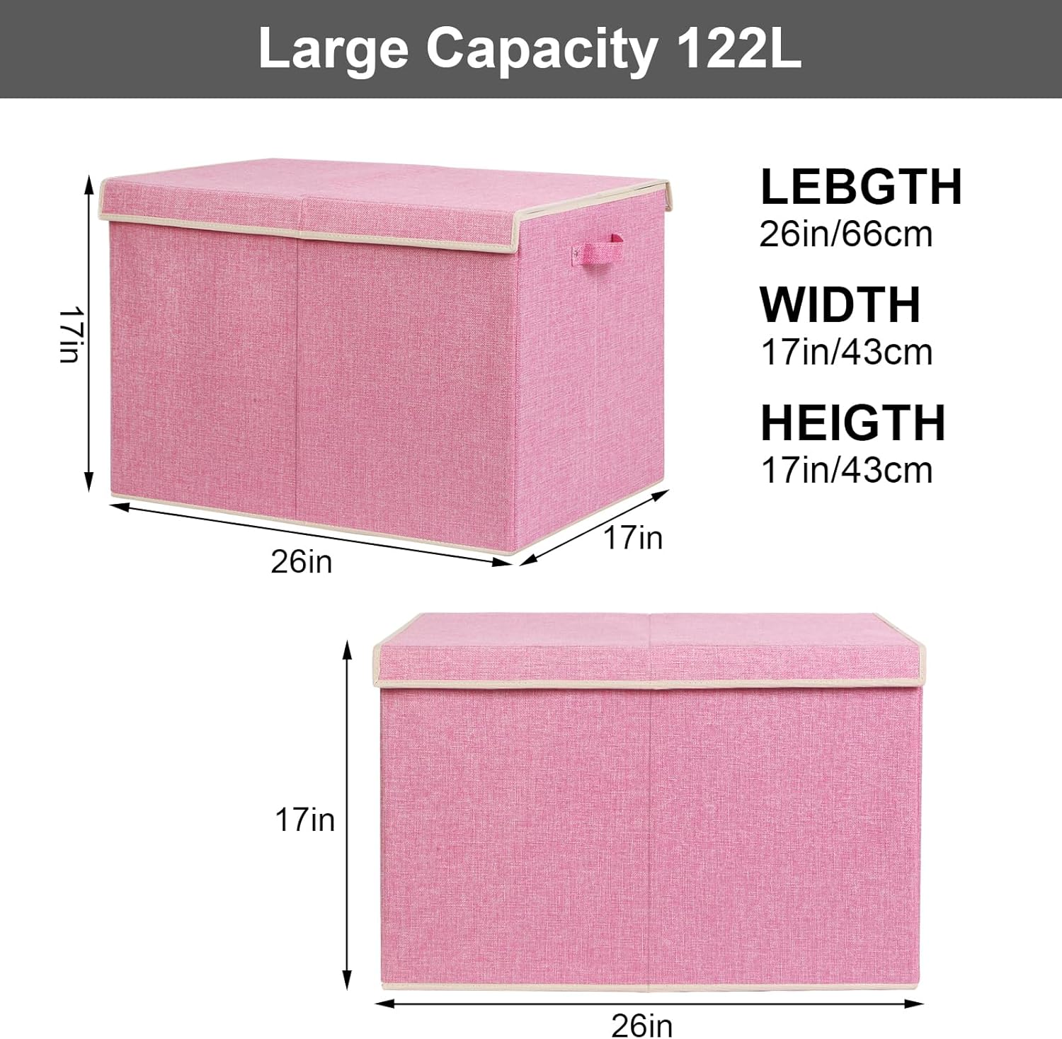 122L Large Toy Box Chest with Lid, Foldable Toy Storage Organizer Bin Boxes with Removable Divider for Kids, Boys, Girls, Nursery, Playroom, 26"x17" x17"(Linen Pink)