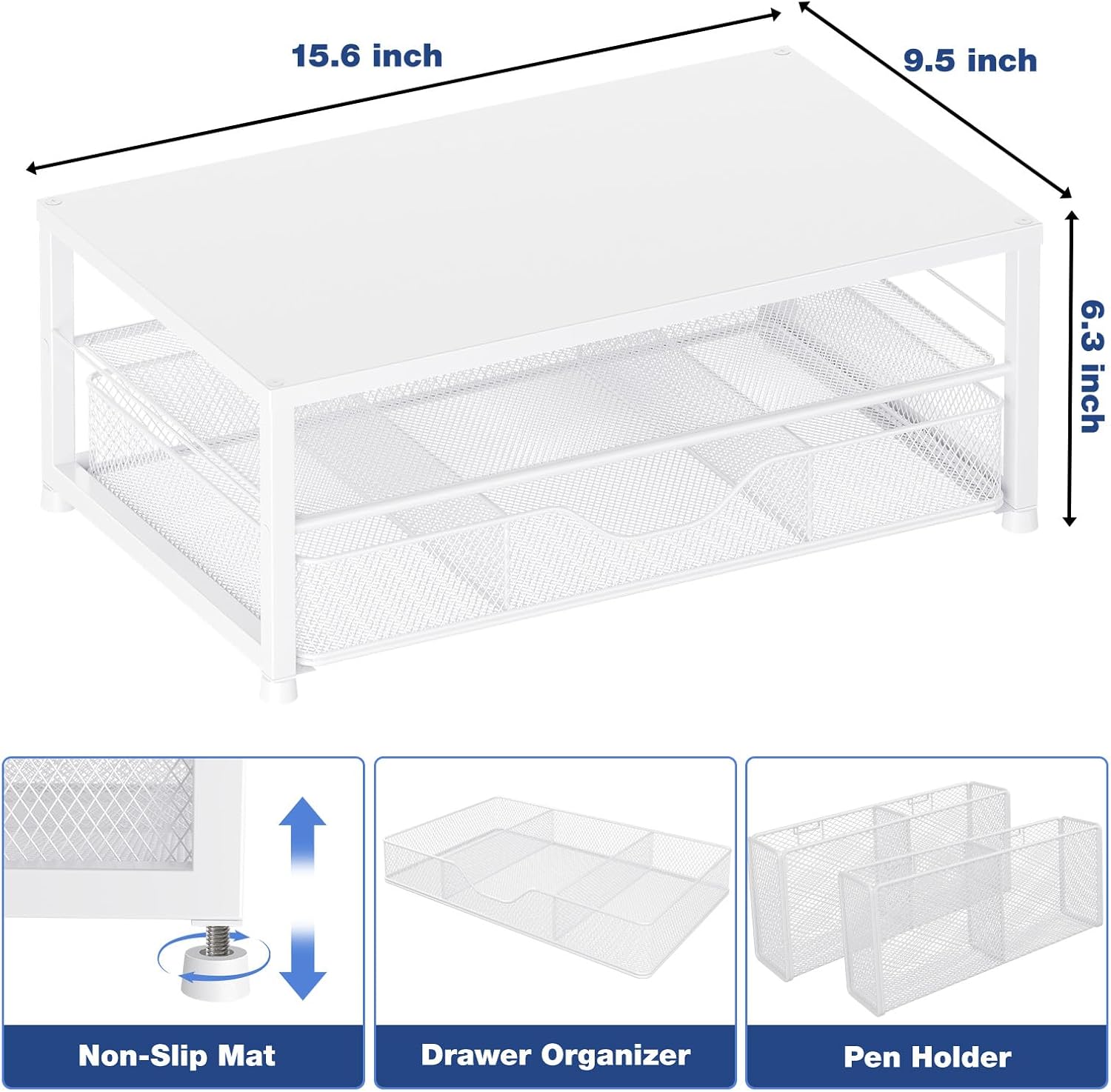 OPNICE Desk Organizers and Accessories, 2-Tier Computer Monitor Stand Riser with Drawer and 2 Pen Holders, Laptop Stand, Office Desk Accessories for Office Supplies, White