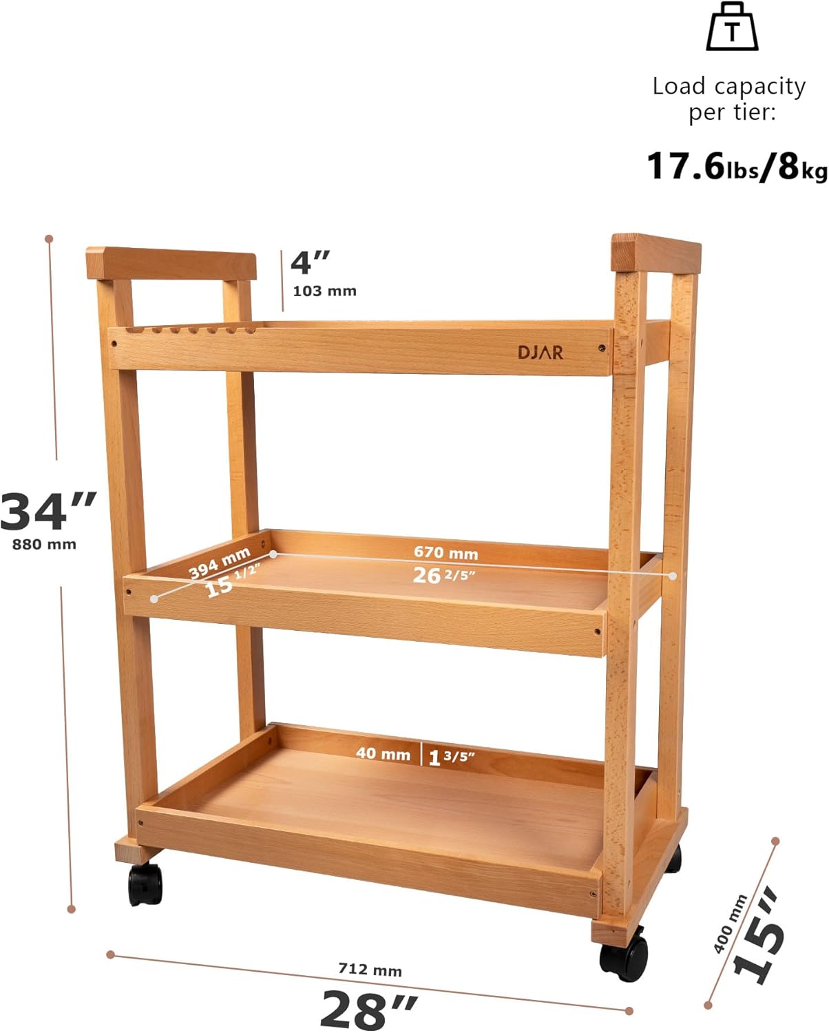 DJAR Rolling Art Supplies Cart, Solid Beech Wood Art Supply Organizert with Caster Wheels, Utility Cart for Adults, Artists, (Natural, Basic)