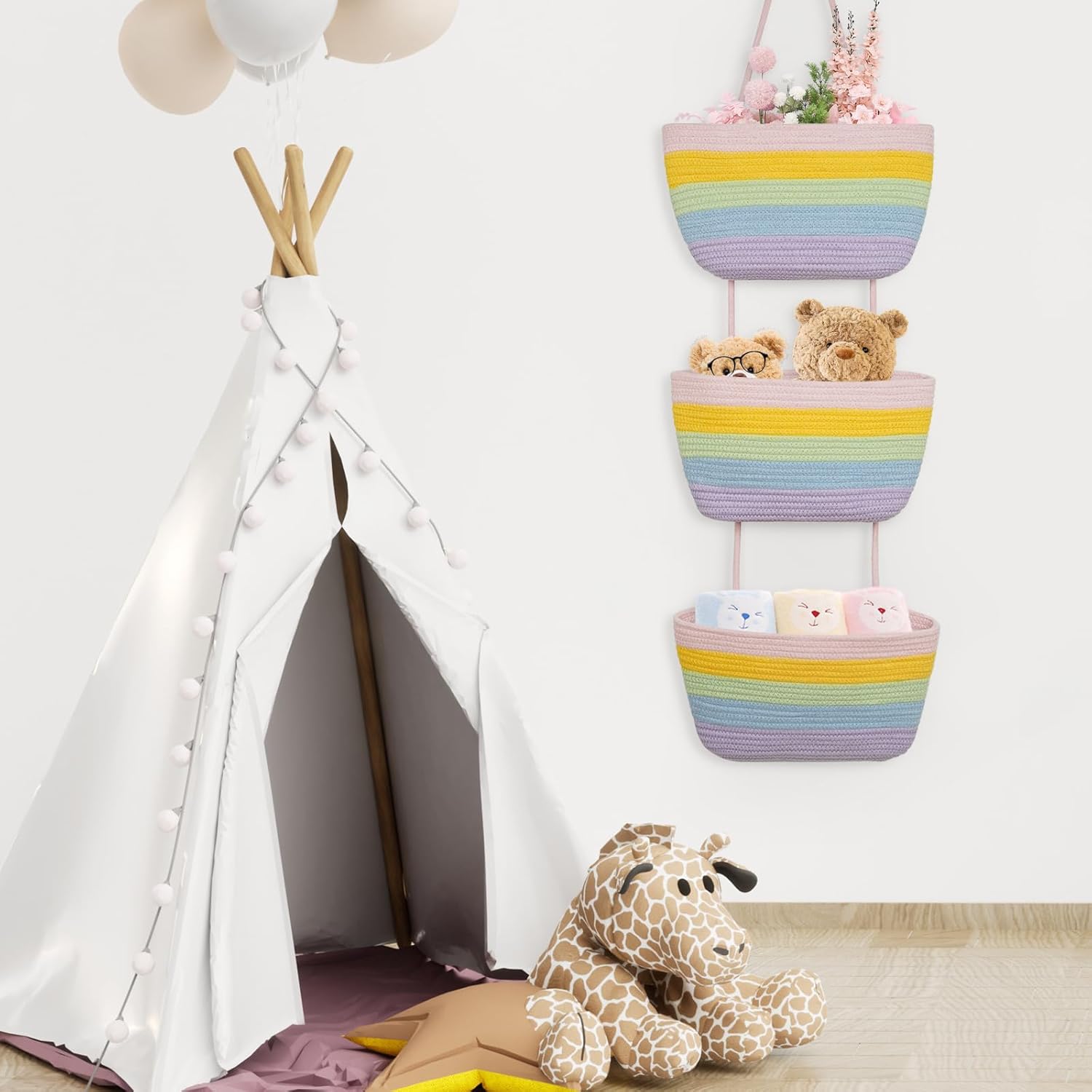 TeoKJ Over the Door Organizer, 3-Tier Woven Cotton Hanging Storage Baskets, Wall-Mounted Baskets for Nursery Organization, Rainbow