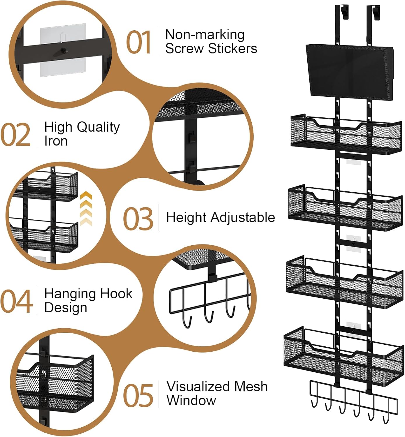 Adjustable Over the Door Pantry Organizer, 5-Tier Metal Pantry Door Organization and Storage, Hanging Door Spice Rack for Home Office Laundry Room Bathroom & Kitchen