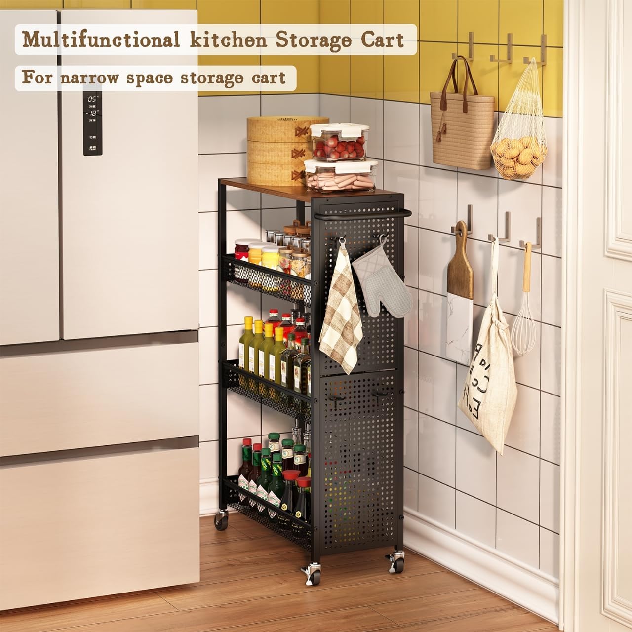 Utility Slim Storage Cart 4 Tier Small Rolling Kitchen Laundry Room Organization Cart with Wood Top Metal Narrow Laundry Room Shelves Cabinet Unit Laundry Organizer Trolley with Handle for Small space