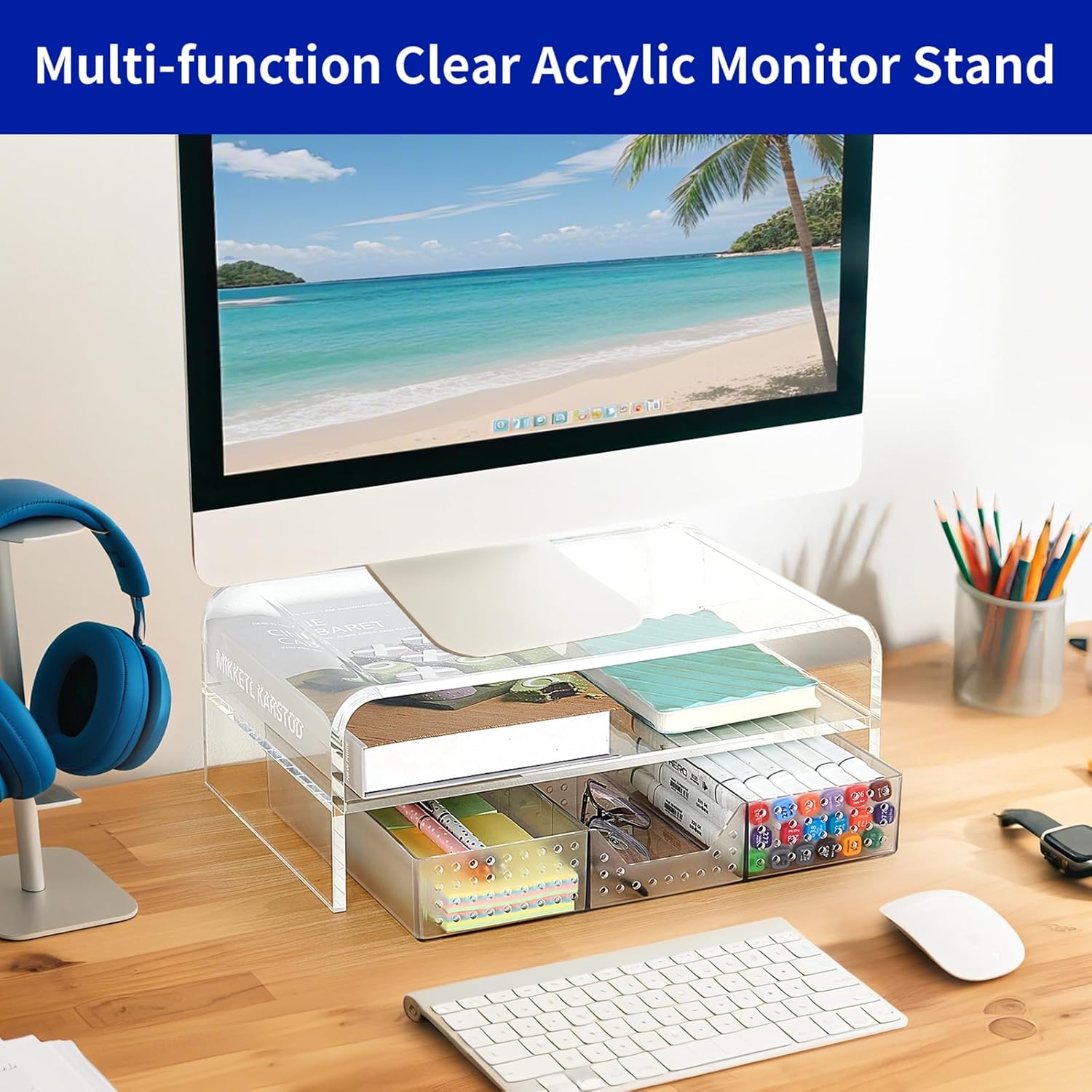OPNICE Acrylic Clear Desk Organizers and Accessories, 2-Tier Computer Monitor Stand Riser with Drawer, Laptop Stand, Office Desk Accessories for Office Supplies, Transparent