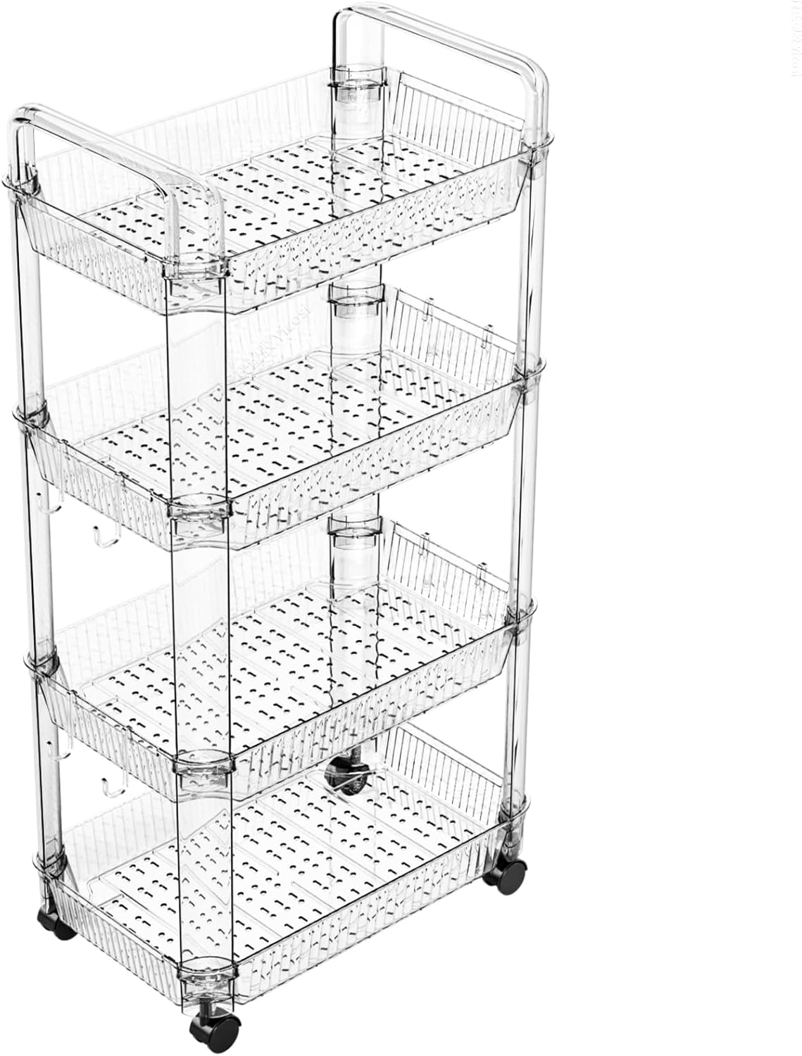 Yieach Clear 4 Tier Rolling Utility Cart with Wheels,Modern Bedside Cart for Baby Essentials,Nursery,Diaper Caddy,Baby Supplies,Rolling Storage Cart for Living Room,Bathroom,Kitchen,Book