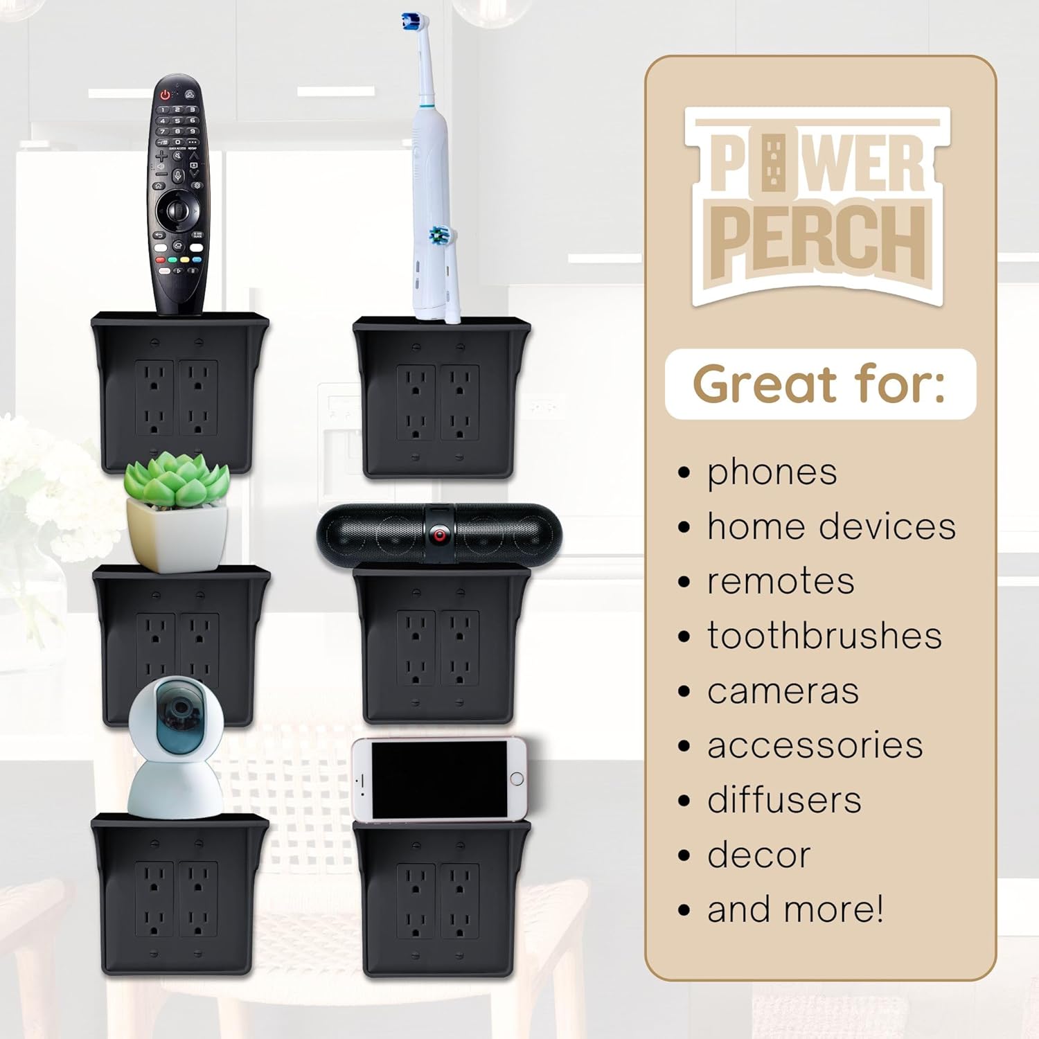 Storage Theory Power Perch Double Wall Outlet Shelf - Declutter & Reclaim Bathroom Counter Space - Alexa Stand, Apple Homepod Shelf, Toothbrush Holders Wall Mounted - Black, 1-Pack