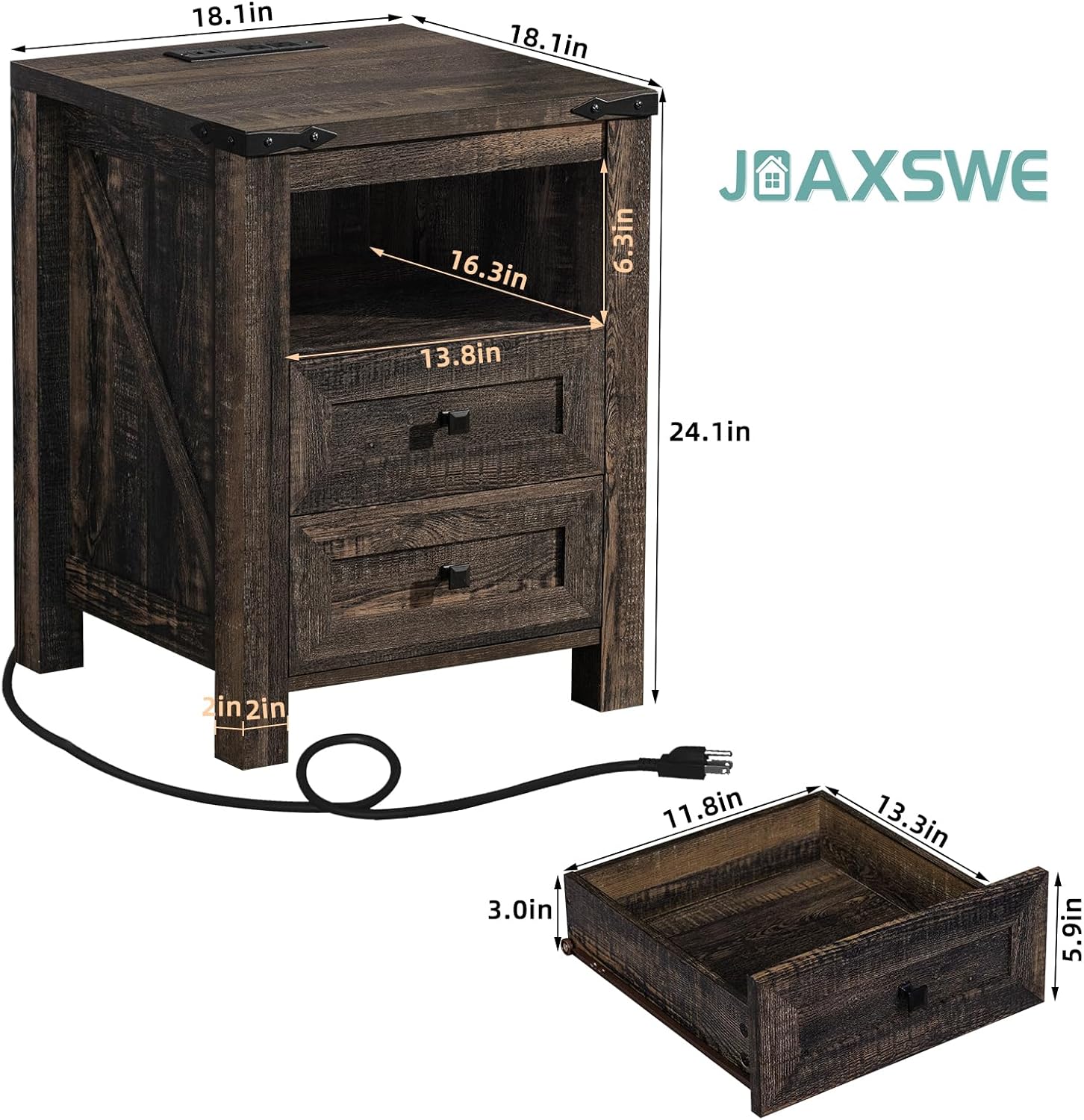 Nightstand with Charging Station and USB Port, Farmhouse Side End Table with 2 Drawers and Shelf Storage, Wooden Sofa Table, Bedside Cabinet for Bedroom, Living Room, Closet, Office (Dark Oak)