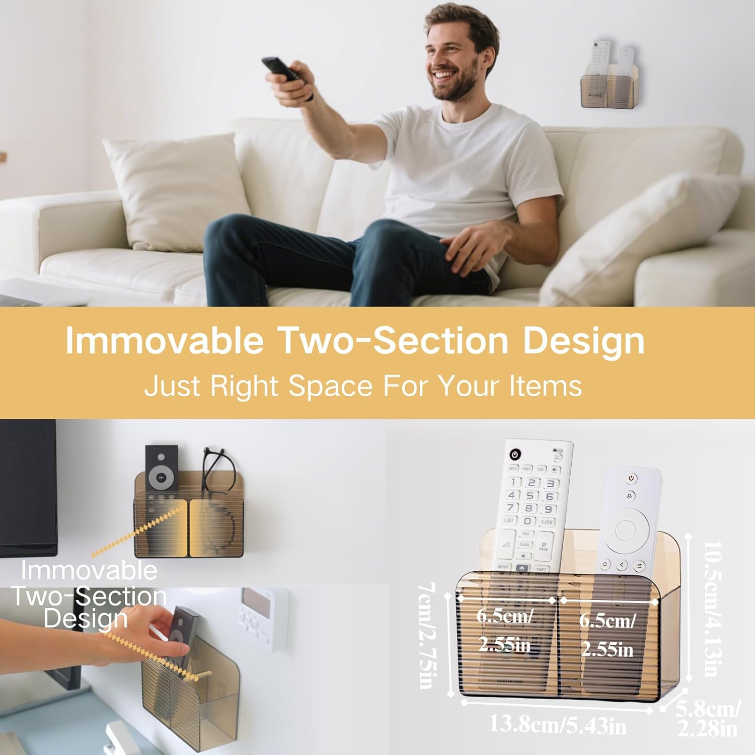 LINFIDITE Adhesive TV Remote Control Holder Wall Mount TV Remote Holder For Bedside Wall Remote Control Caddy Storage Organizer Stand Box （For 2 Or 4 Remote Controls –Clear Brown – Quantity 1）