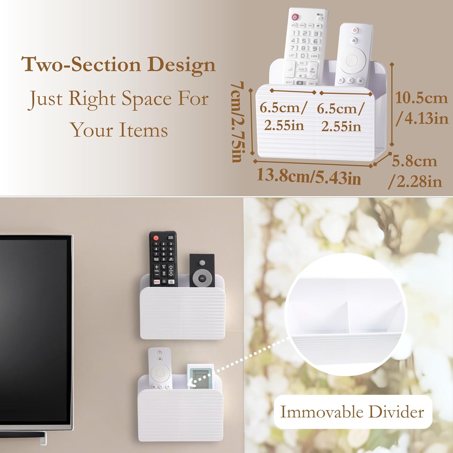 LINFIDITE 2 Pack Adhesive TV Remote Control Holder Wall Mount TV Remote Holder For Bedside Wall Remote Control Caddy Storage Organizer Stand Box （For 2 Or 4 Remote Controls – White ）