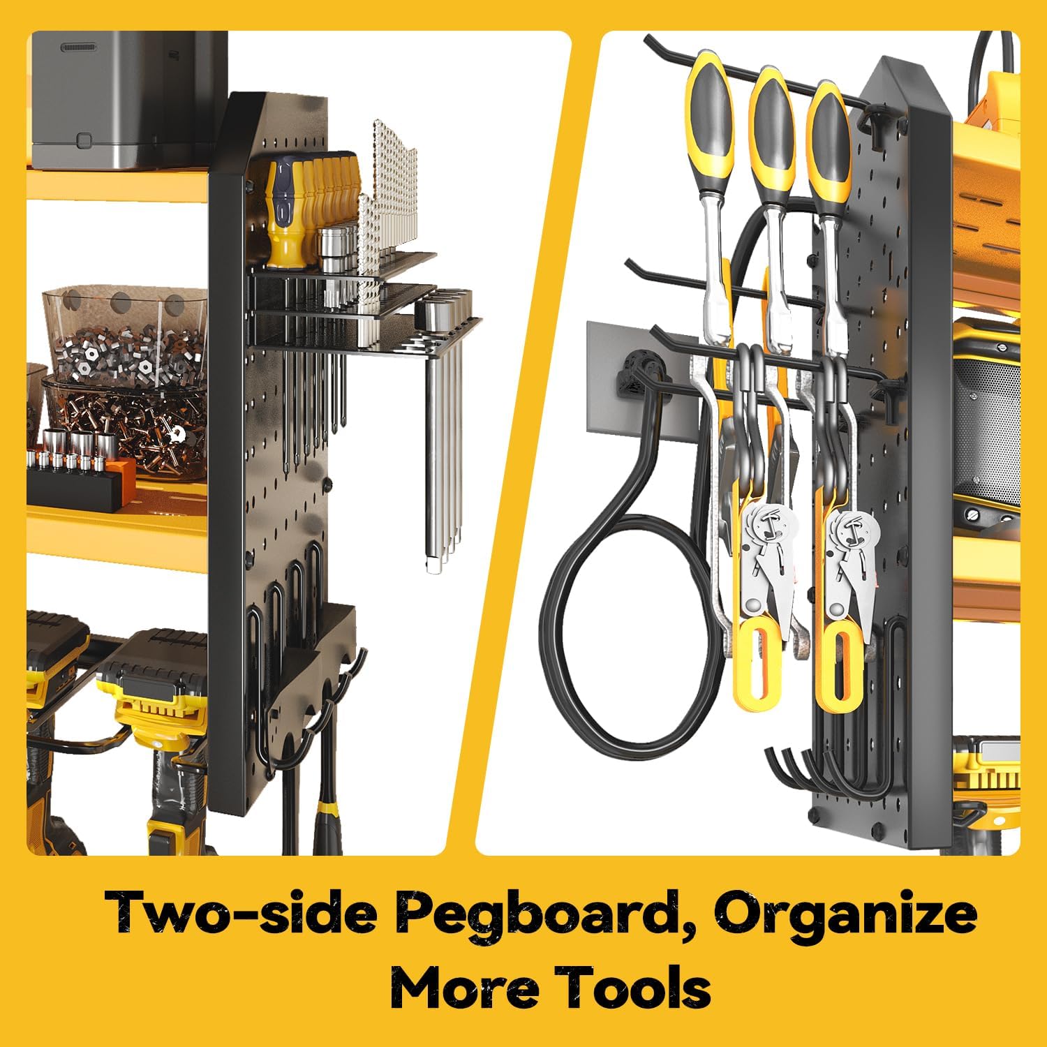 SOYEEZE Large Power Tool Organizer Wall Mount with Charging Station, 3 Layer Heavy Duty Metal Tool Storage Rack with 8 Drill Holder, Tool Holder Built in 8 Outlet Power Strip (Yellow)