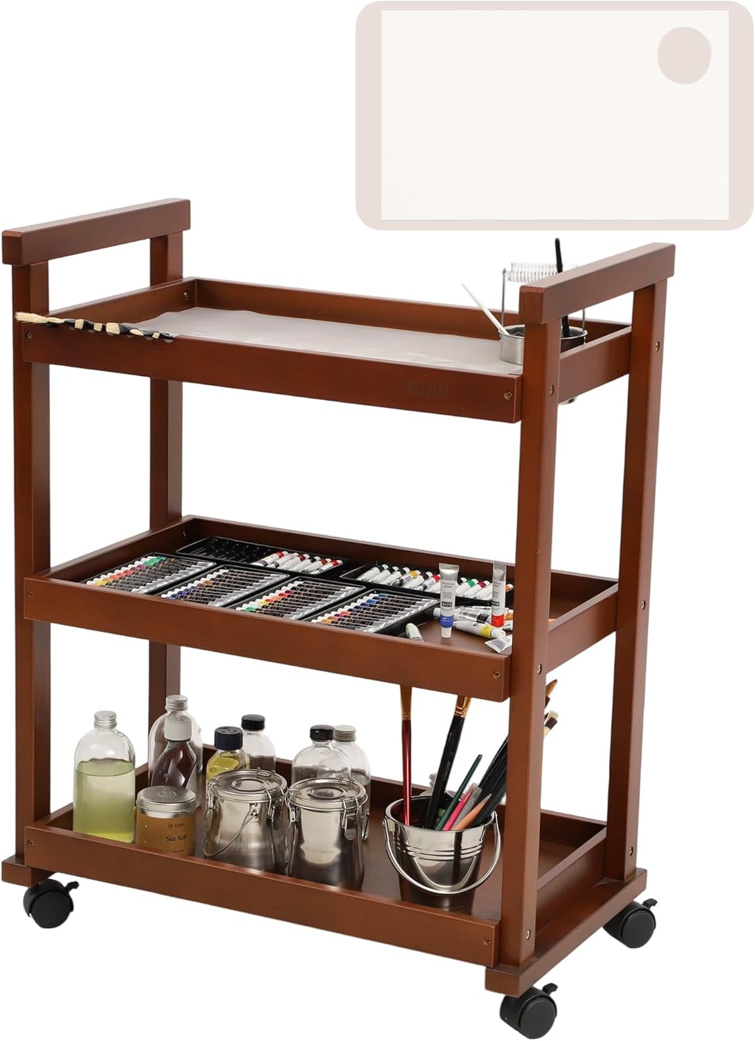 DJAR Rolling Art Supplies Cart, Solid Beech Wood Art Supply Organizert with Caster Wheels, Utility Cart for Adults, Artists, (Walnut, Upgrade)