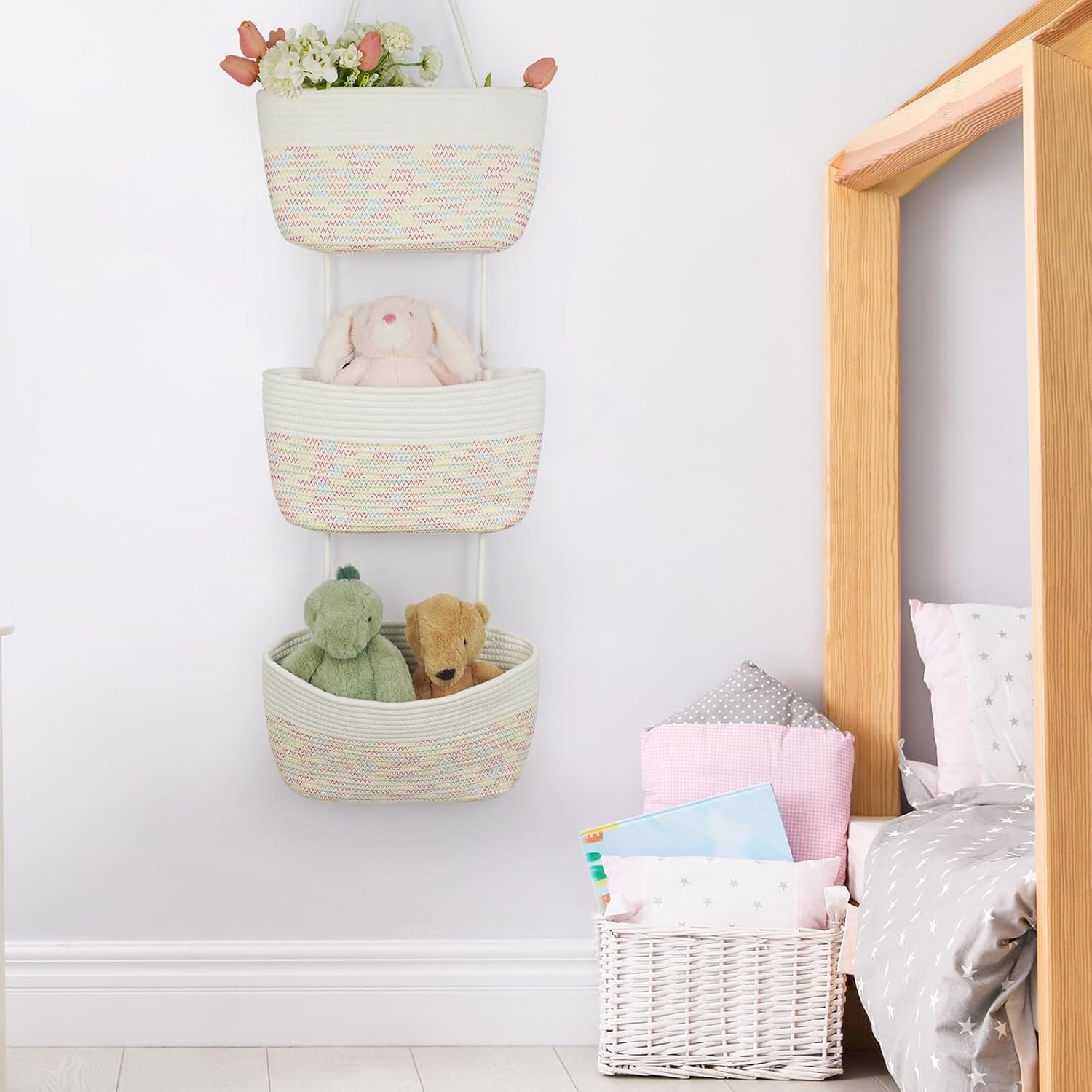 TeoKJ 3-Tier Woven Cotton Wall-Mounted Hanging Storage Baskets, Over the Door Organizer Bin for Kids Room, Bathroom, Bedroom, Kitchen, White & Rainbow Stitching