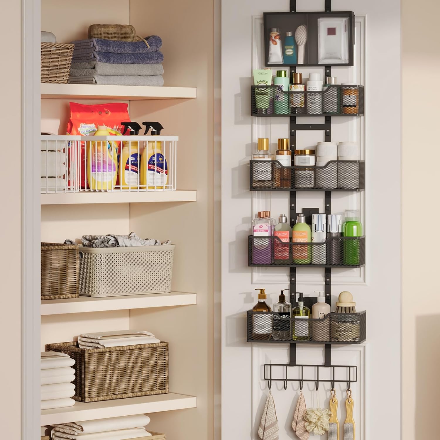 Adjustable Over the Door Pantry Organizer, 5-Tier Metal Pantry Door Organization and Storage, Hanging Door Spice Rack for Home Office Laundry Room Bathroom & Kitchen