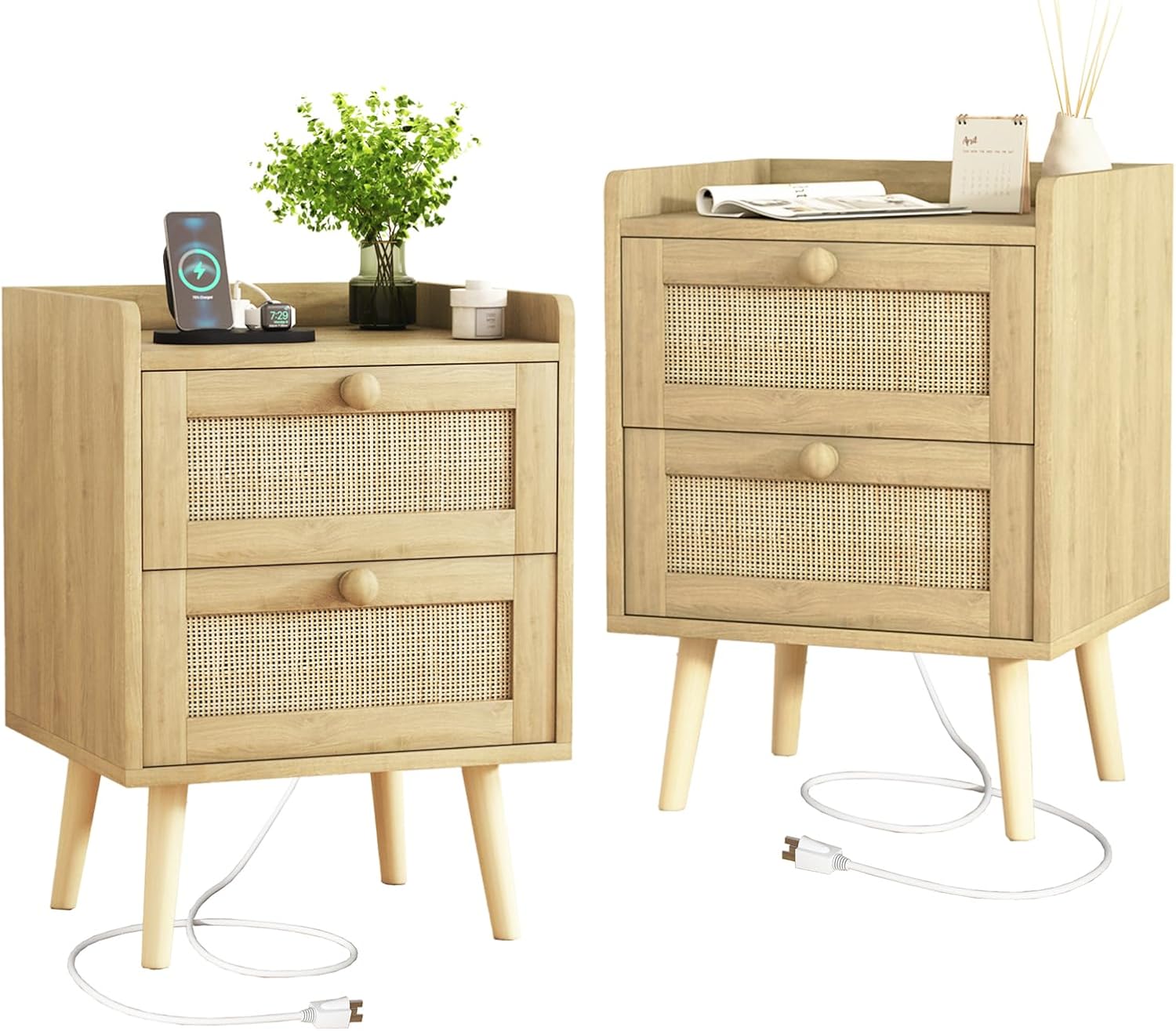 Rattan Nightstand with Charging Station Set of 2, Mid Century Modern Bedside Side Table with 2 Drawers, Boho End Table with Wood Legs for Bedroom Natural Night Stand for Living Room