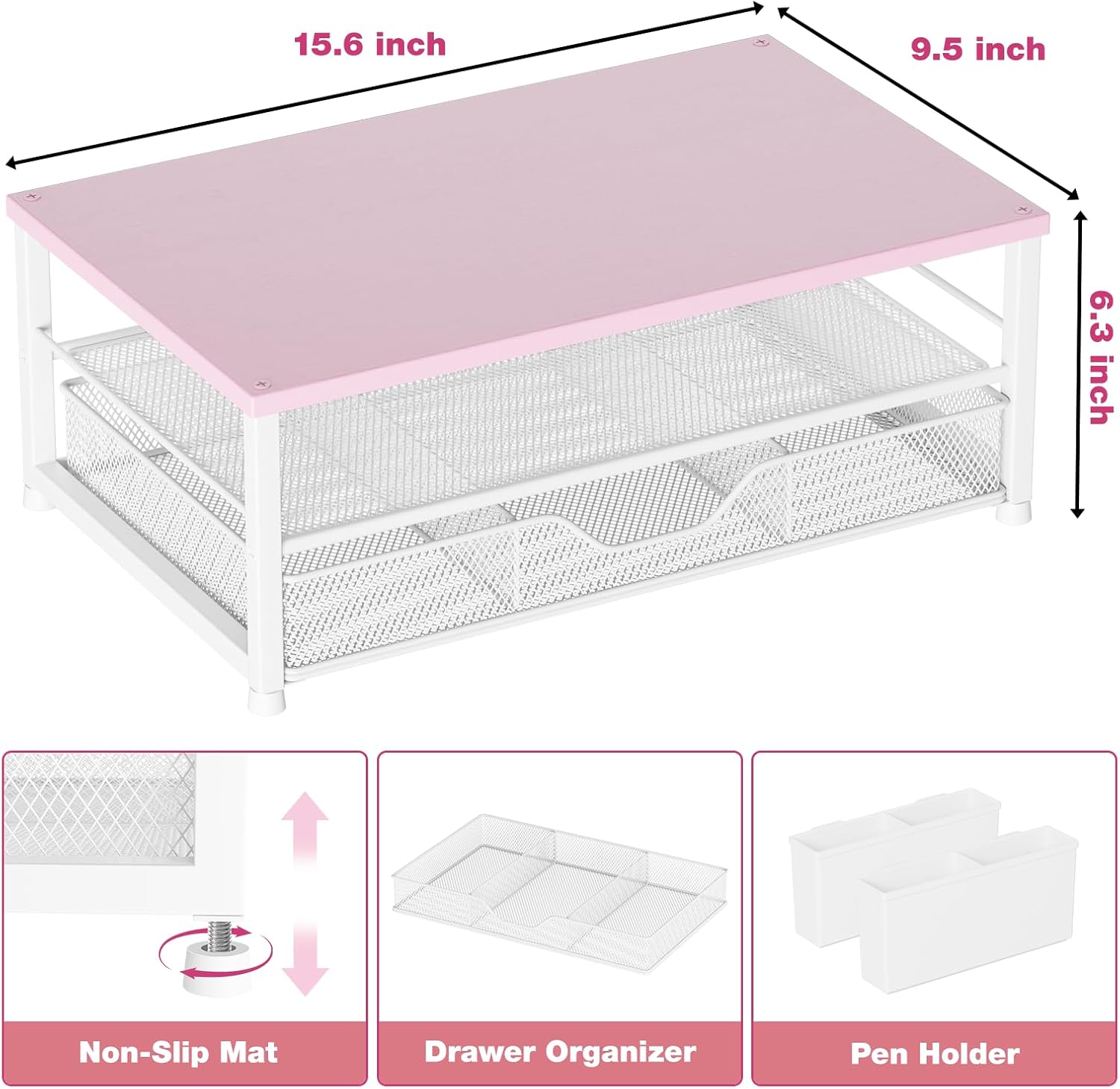OPNICE Desk Organizers and Accessories, 2-Tier Computer Monitor Stand Riser with Drawer and 2 Pen Holders, Laptop Stand, Office Desk Accessories for Office Supplies, Pink Wood