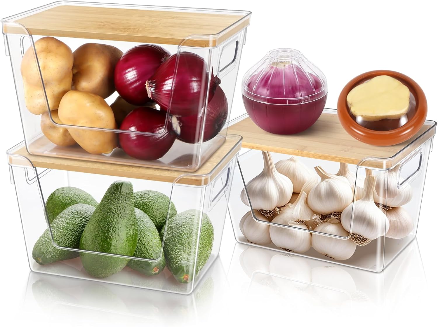 Pantry Organizers and Storage, Stackable Plastic Pantry Organizer with Lid & Handle for Kitchen Counter, Fridge for Fruit, Potato, Onion, Vegetable, 3 Set (Clear- 3 Large Bin & 2 Container)