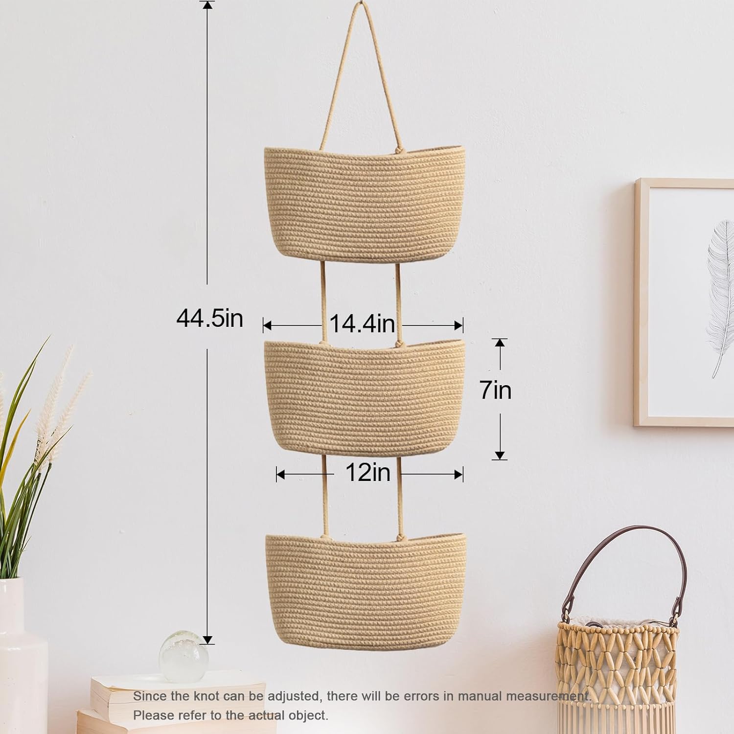 TeoKJ Over the Door Hanging Basket, 3-Tier Woven Cotton Wall-Mounted Storage Organizer Bag Decorative Hanging Nursery Baskets - Jute