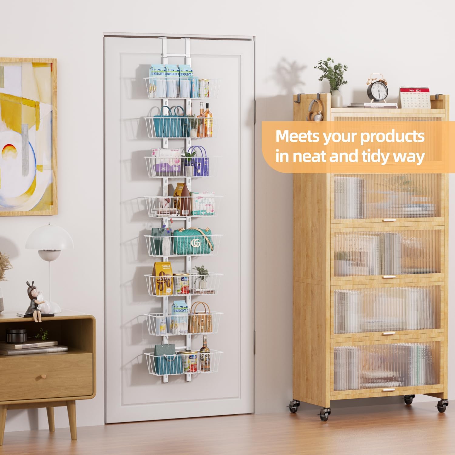 8-Tier Over Door Pantry Organizer with Mesh Baskets, Foldable Metal Hanging Spice Rack with 8 Baskets for Kitchen Organizers and Storage, for Home & Kitchen Laundry Room Bathroom Essentials, White