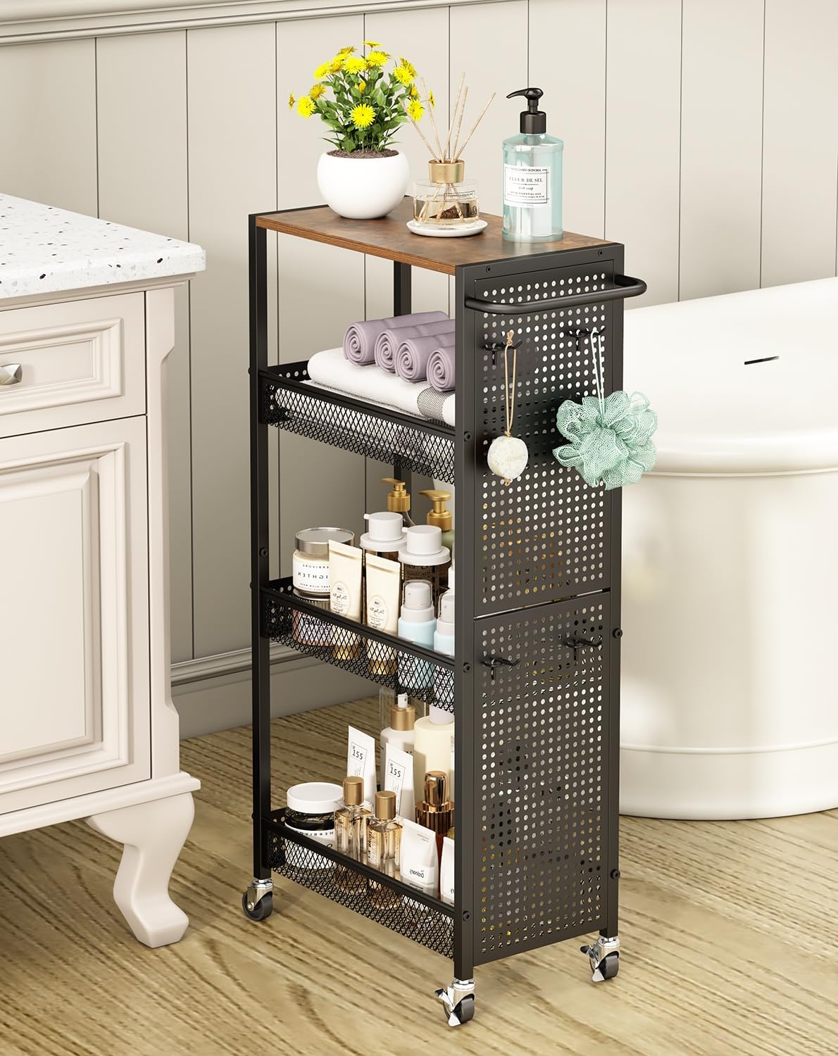 Utility Slim Storage Cart 4 Tier Small Rolling Kitchen Laundry Room Organization Cart with Wood Top Metal Narrow Laundry Room Shelves Cabinet Unit Laundry Organizer Trolley with Handle for Small space