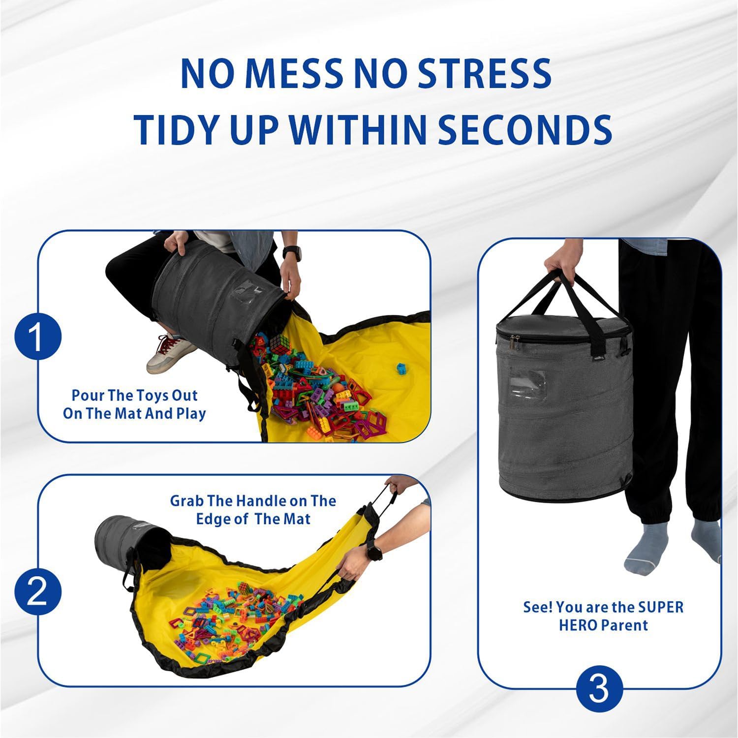 Toy Storage Organizer & Play Mat for Kids - Foldable Bin Toys Box Holds Rooms, Building Bricks Toy Storage Basket, Foldable Fabric Bag for Nursery (grey)