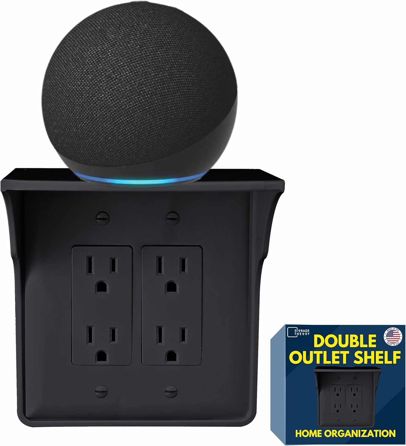 Storage Theory Power Perch Double Wall Outlet Shelf - Declutter & Reclaim Bathroom Counter Space - Alexa Stand, Apple Homepod Shelf, Toothbrush Holders Wall Mounted - Black, 1-Pack